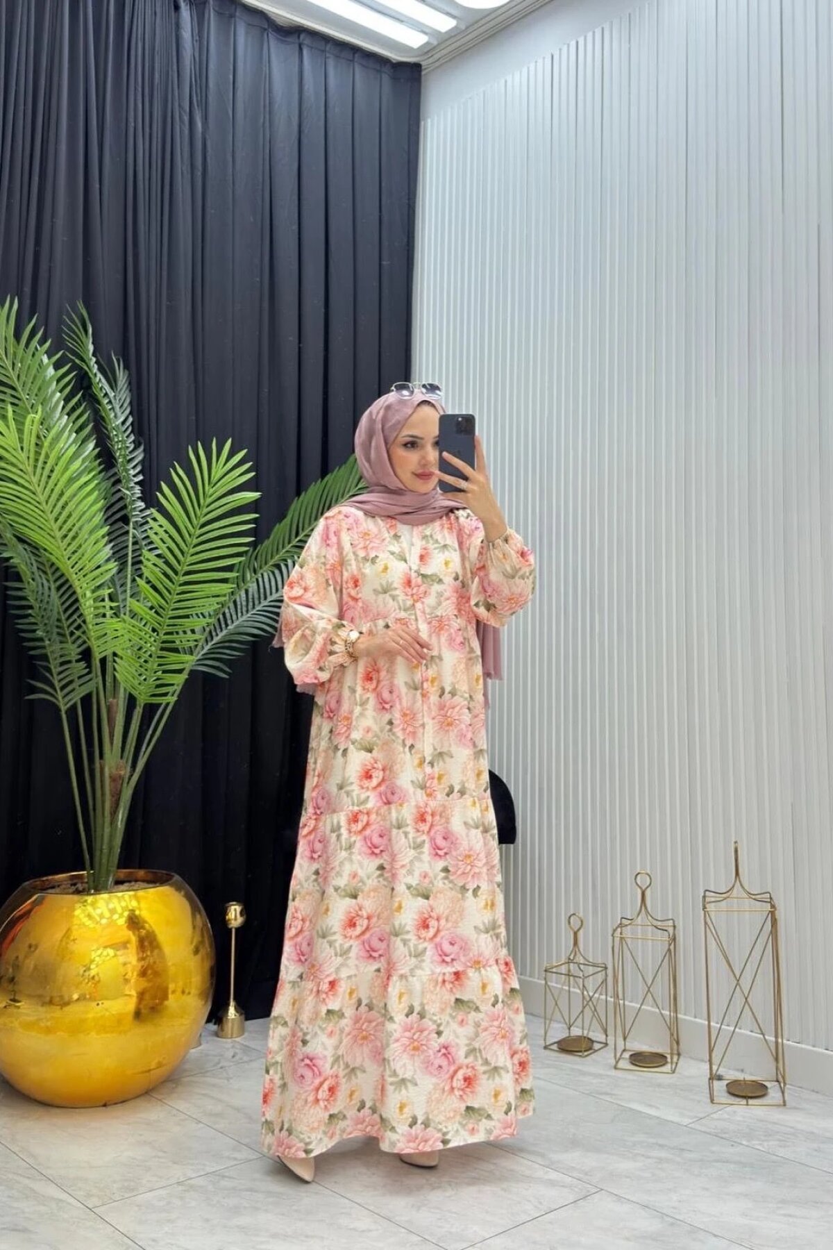 Pudra Çiçek Desenli Rahat Kalıp İnce Yazlık Elbise - Dimar Butik