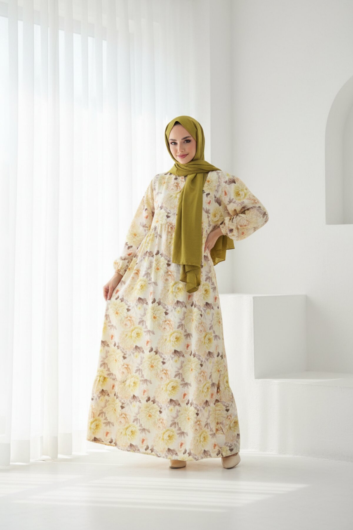 Sarı Çiçek Desenli Rahat Yazlık Elbise - Dimar Butik