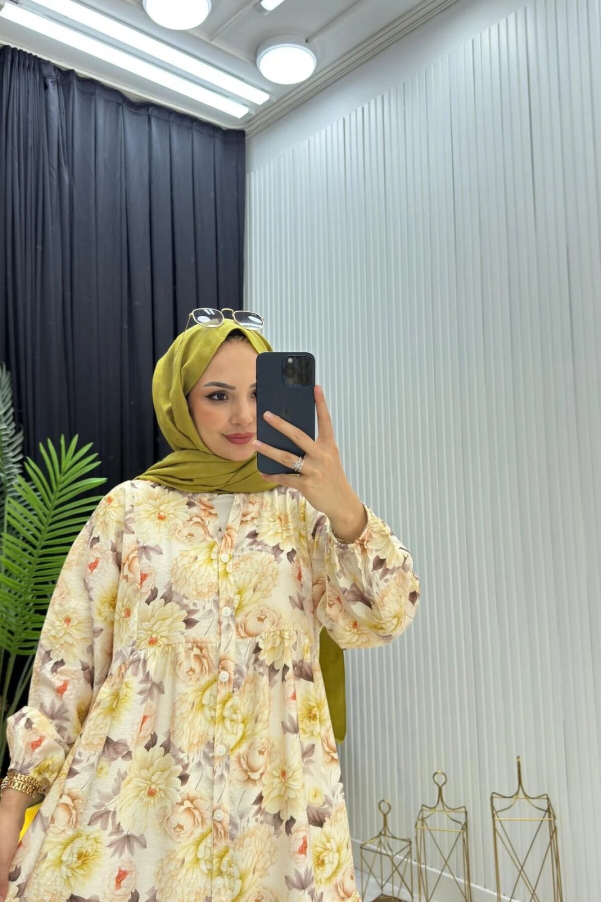 Sarı Çiçek Desenli Rahat Yazlık Elbise - Dimar Butik