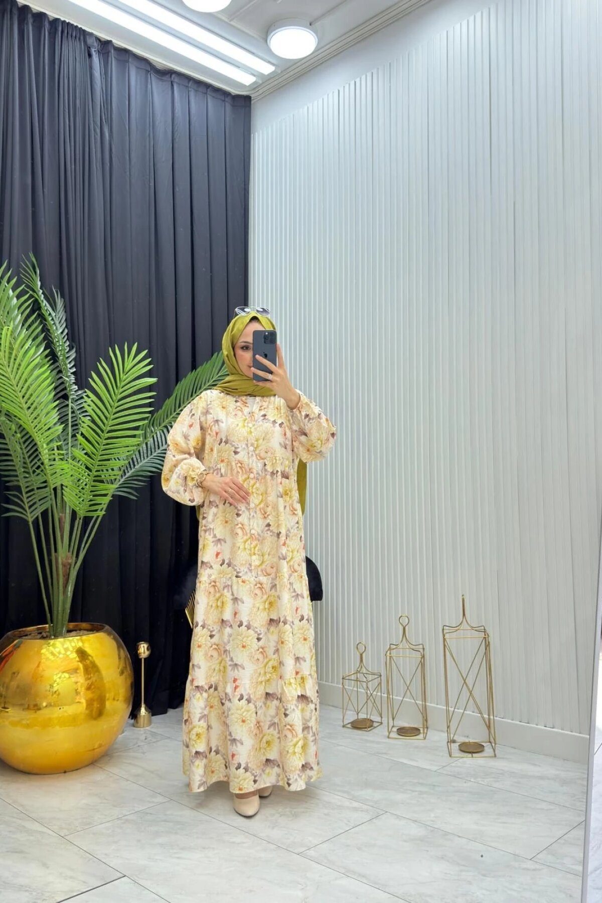 Sarı Çiçek Desenli Rahat Yazlık Elbise - Dimar Butik
