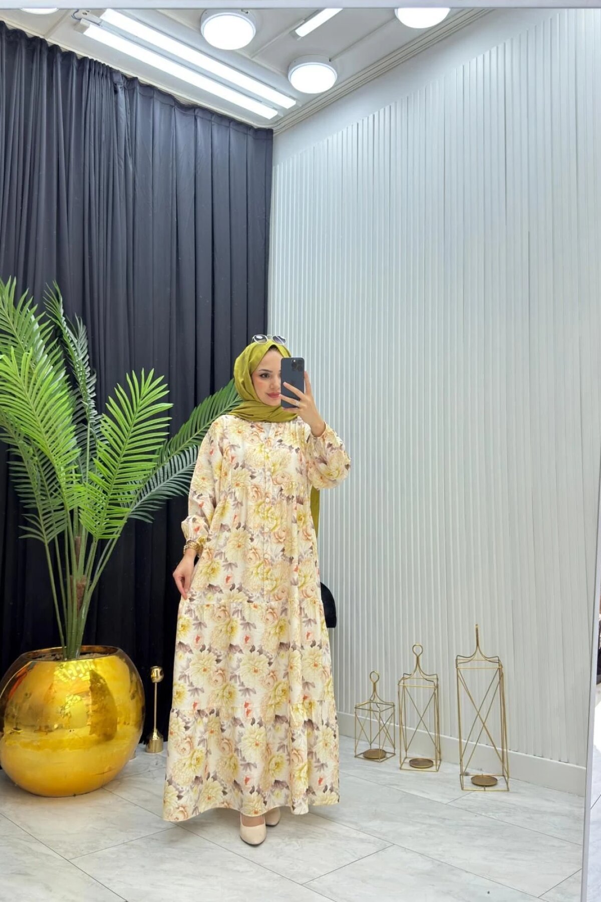 Sarı Çiçek Desenli Rahat Yazlık Elbise - Dimar Butik