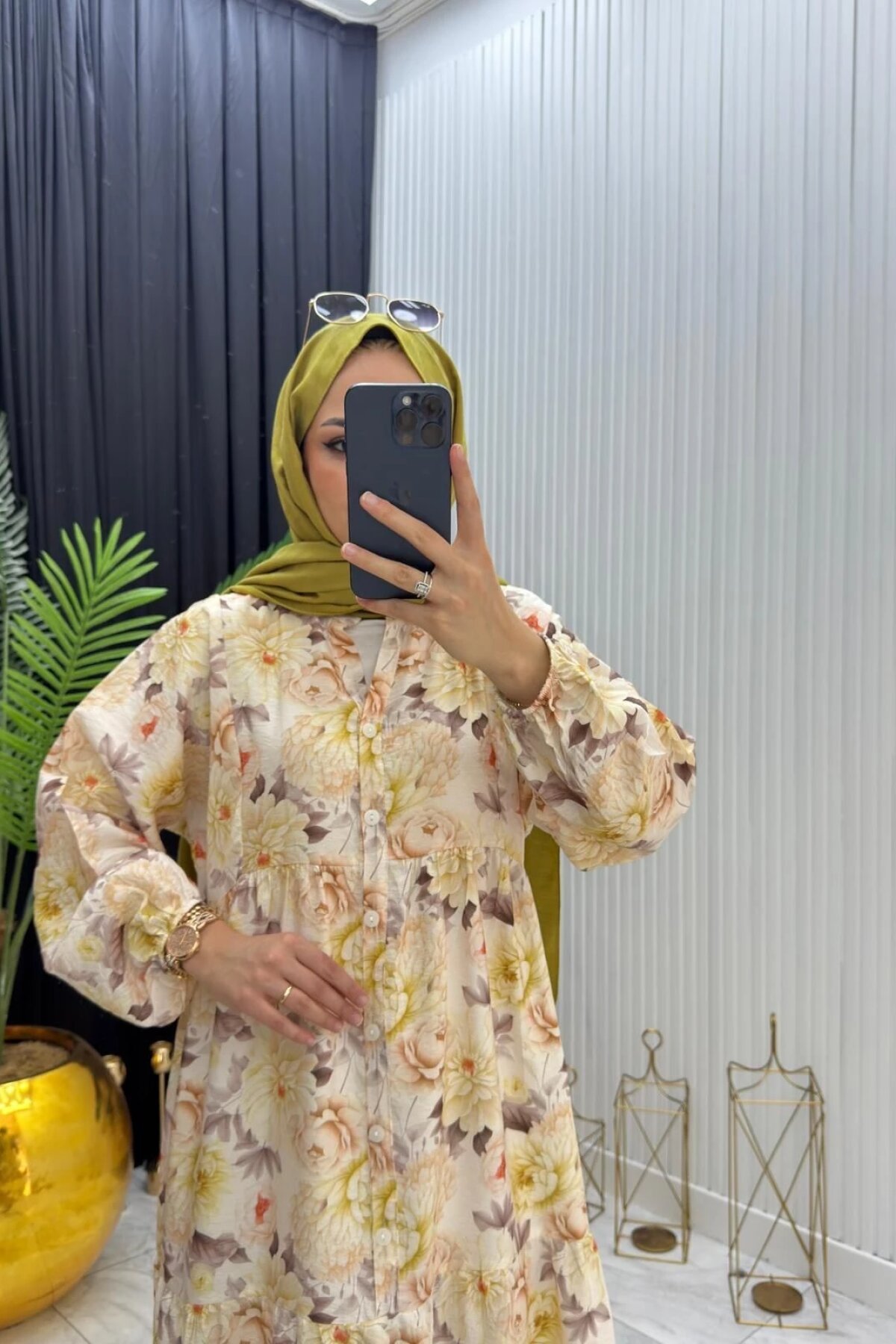 Sarı Çiçek Desenli Rahat Yazlık Elbise - Dimar Butik