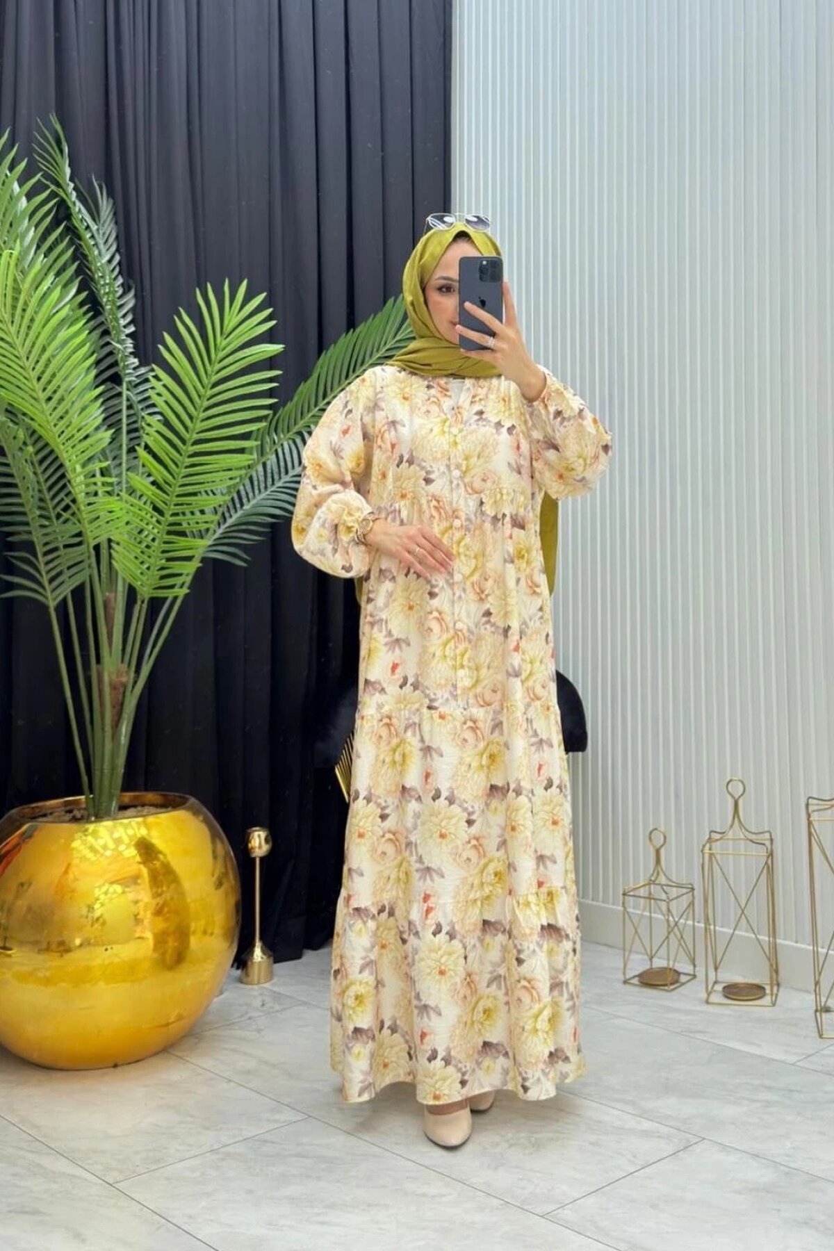 Sarı Çiçek Desenli Rahat Yazlık Elbise - Dimar Butik