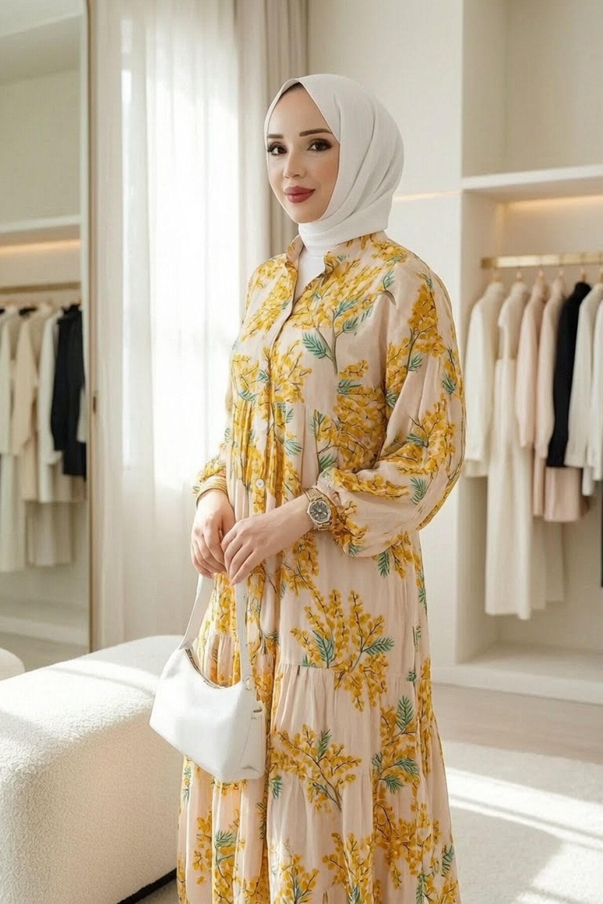 Sarı Çiçek Desenli Yarım Düğmeli Eteği Katlı Elbise - Dimar Butik