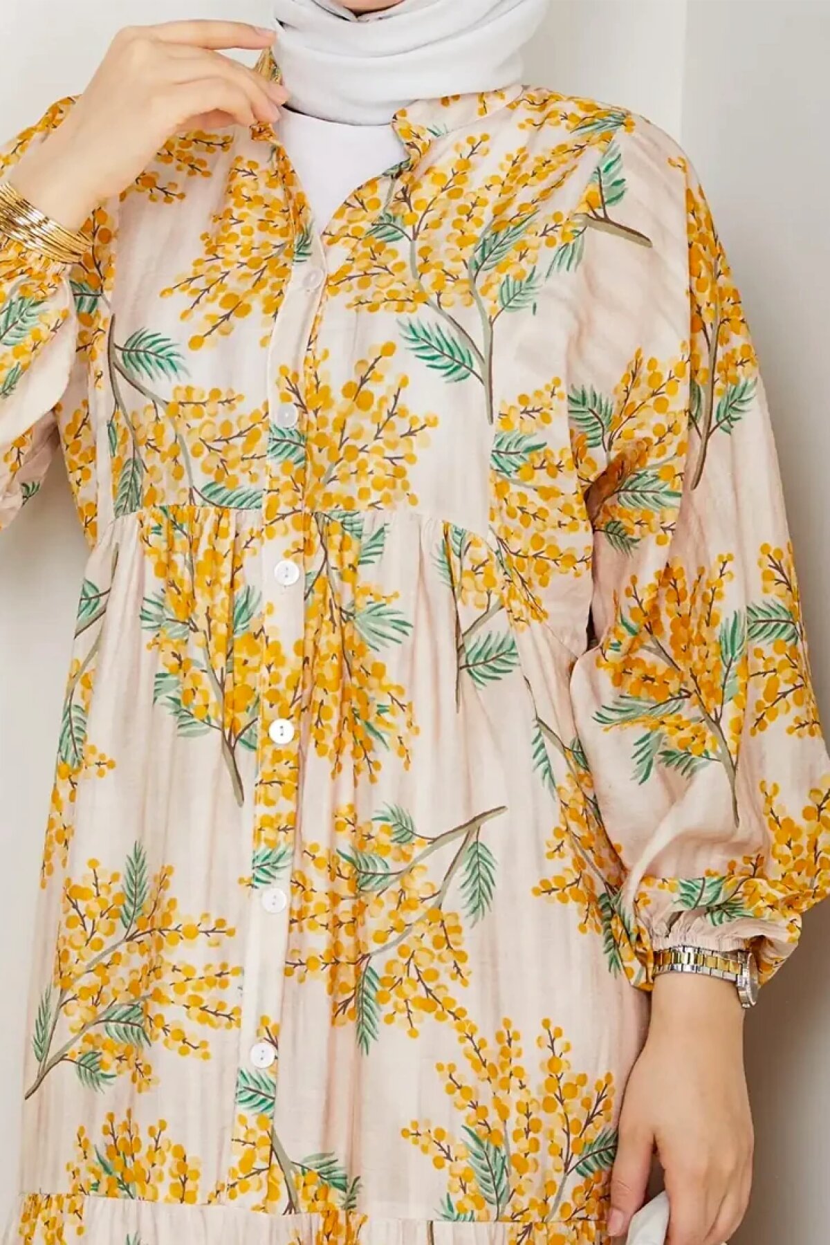 Sarı Çiçek Desenli Yarım Düğmeli Eteği Katlı Elbise - Dimar Butik