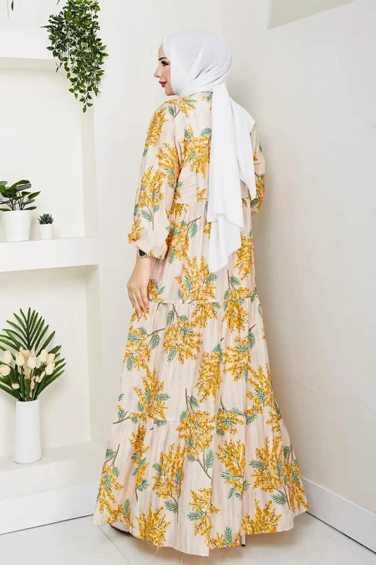 Sarı Çiçek Desenli Yarım Düğmeli Eteği Katlı Elbise - Dimar Butik
