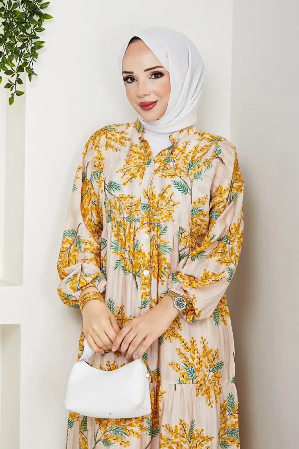 Sarı Çiçek Desenli Yarım Düğmeli Eteği Katlı Elbise - Dimar Butik