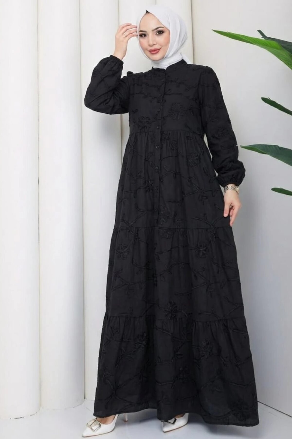 Siyah Çiçek Desenli Kemer Detaylı Elbise - Dimar Butik