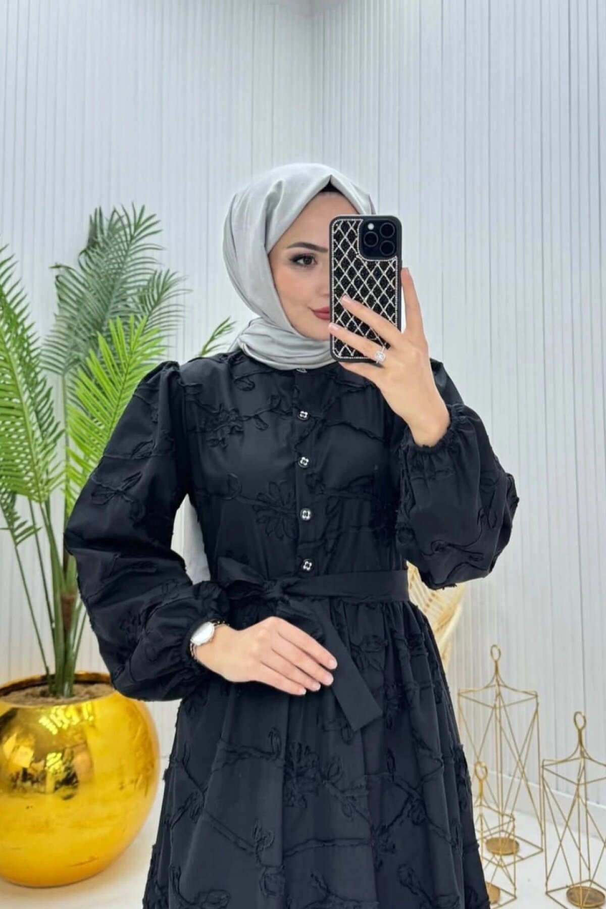 Siyah Çiçek Desenli Kemer Detaylı Elbise - Dimar Butik