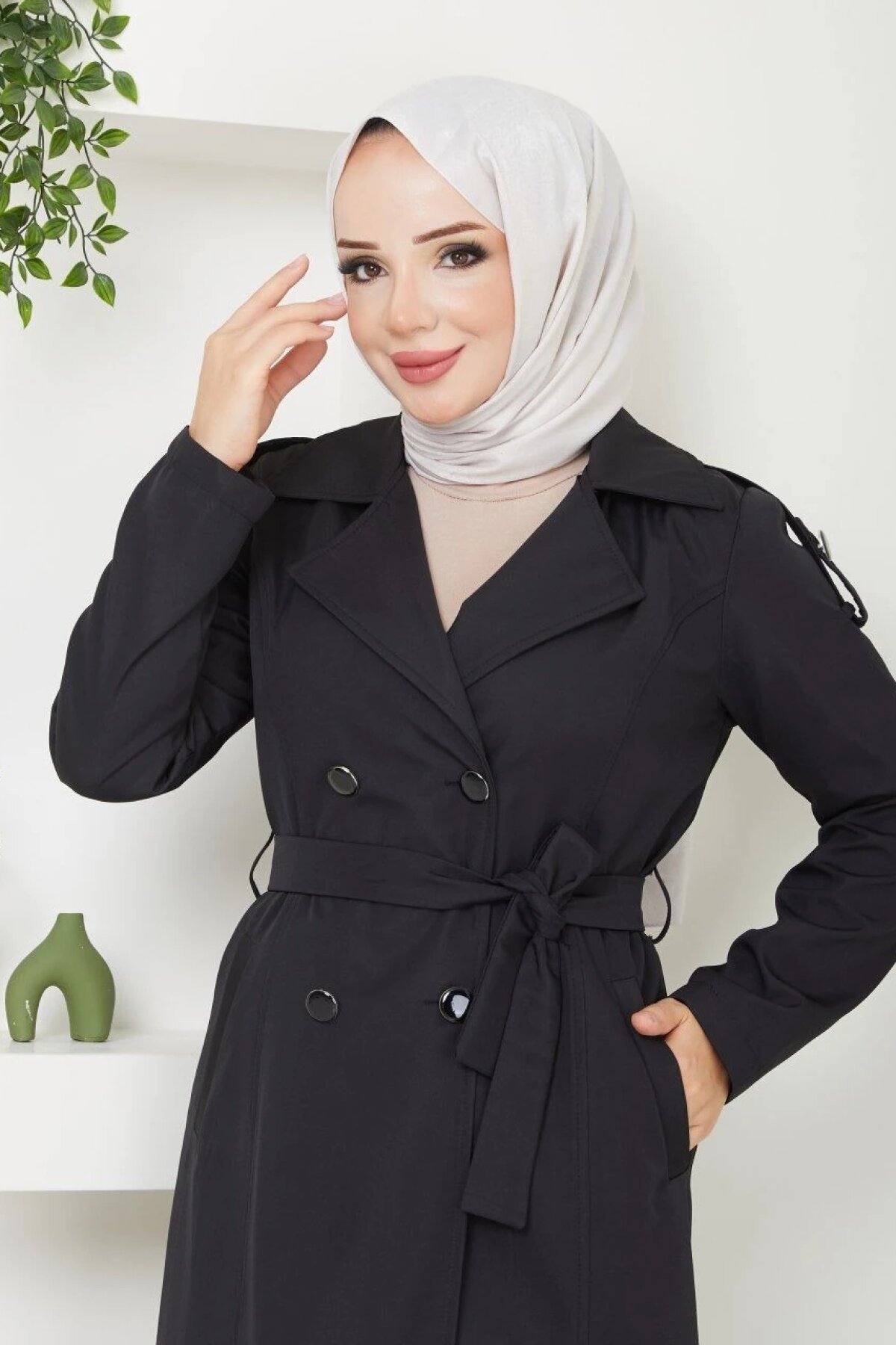 Siyah Klasik Kemerli Çift Düğmeli Trençkot - Dimar Butik