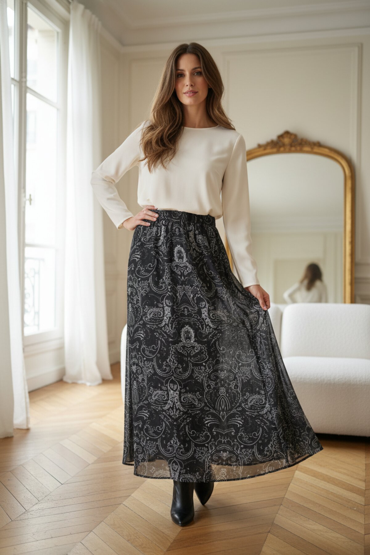 High-Waist Chiffon Skirt - Black - Dimar Butik