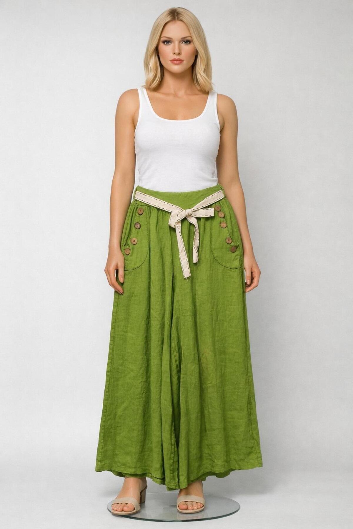 Fıstık Yeşili İtalyan Korsajlı Otantik Kemerli Bol Paça Keten Pantolon - EREN STYLE