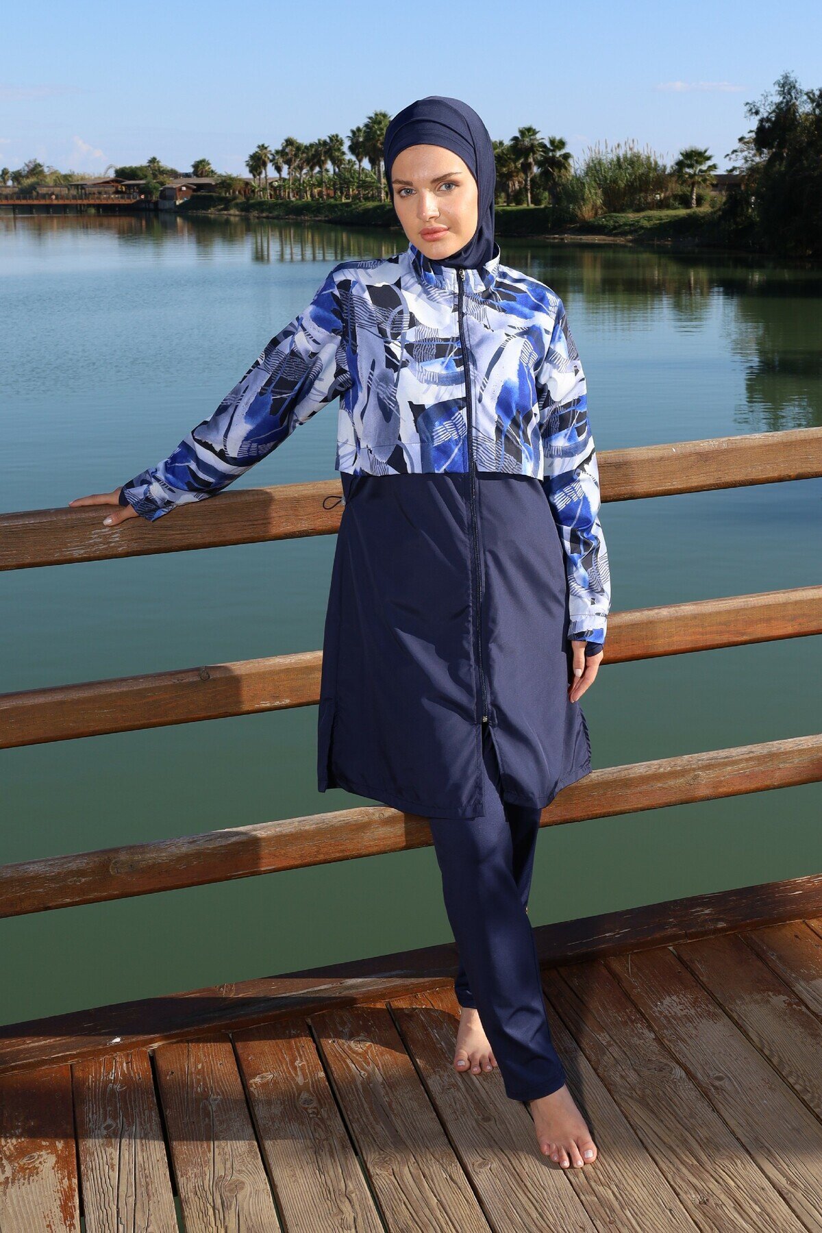 Lacivert Blue Motion Tam Kapalı Croplu Pantolonlu Mayo - ESTİVA
