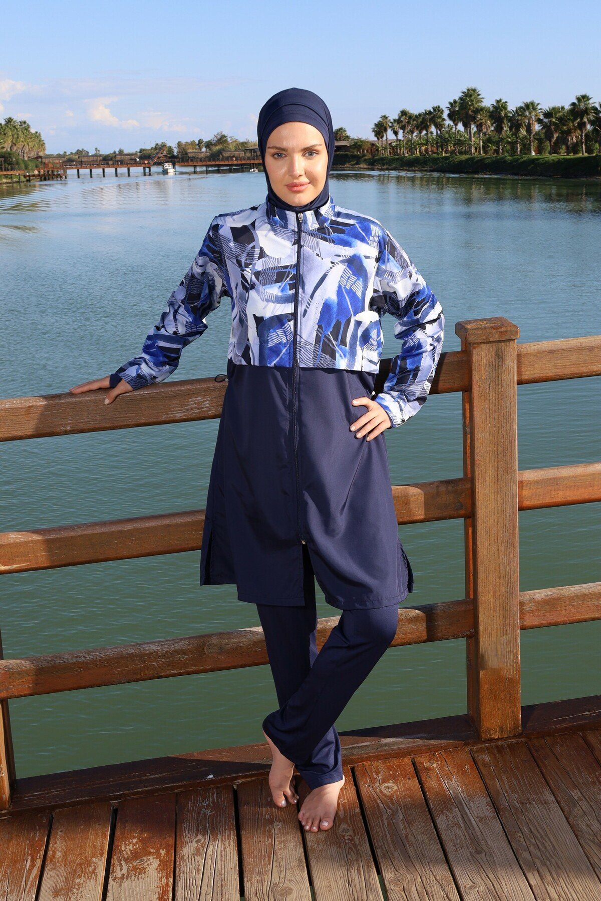 Lacivert Blue Motion Tam Kapalı Croplu Pantolonlu Mayo - ESTİVA