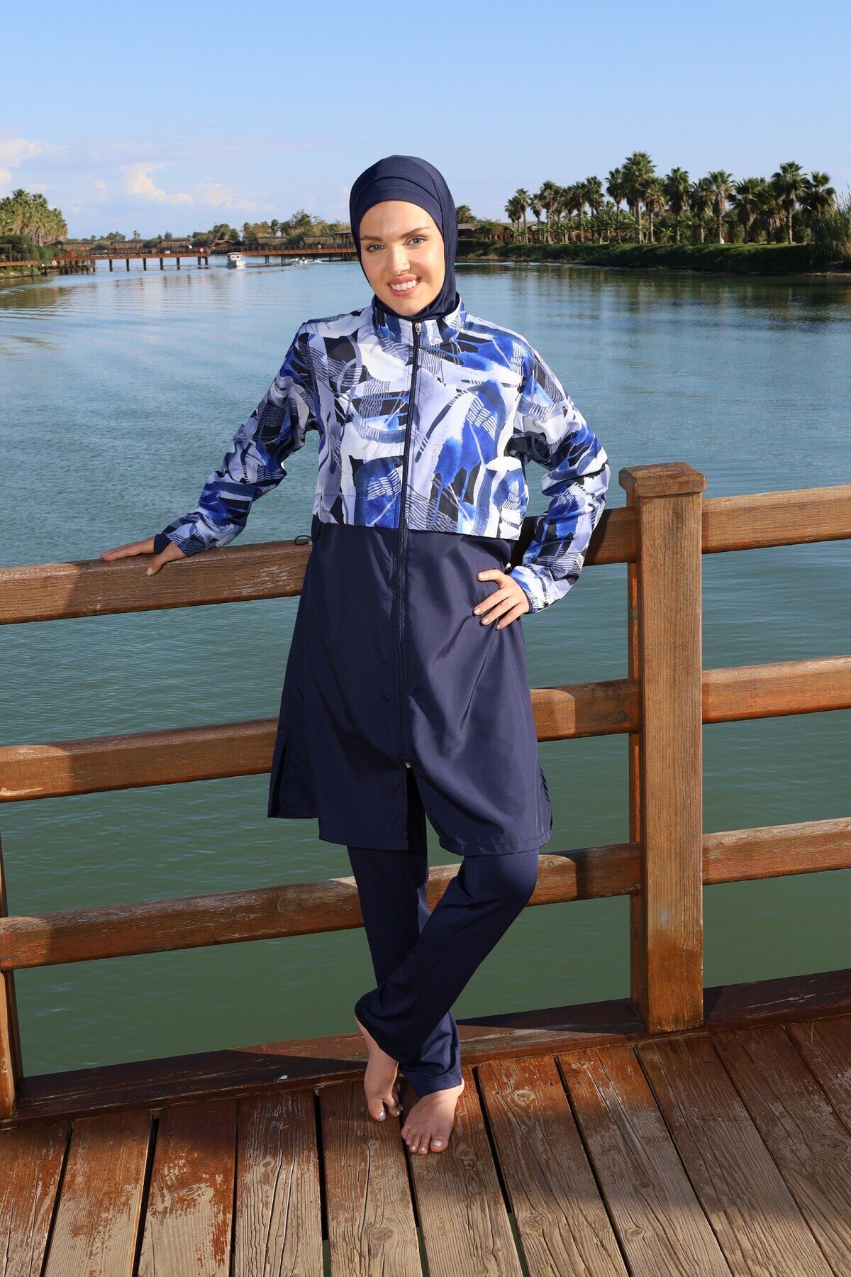 Lacivert Blue Motion Tam Kapalı Croplu Pantolonlu Mayo - ESTİVA