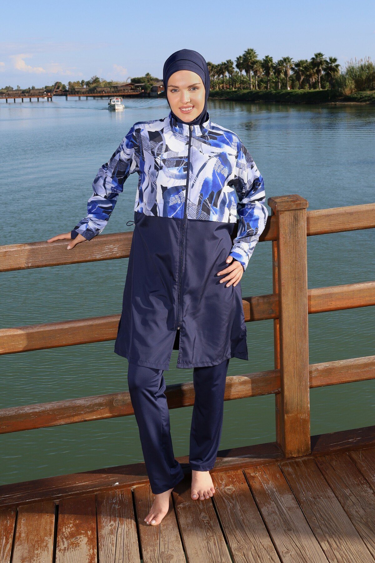 Lacivert Blue Motion Tam Kapalı Croplu Pantolonlu Mayo - ESTİVA