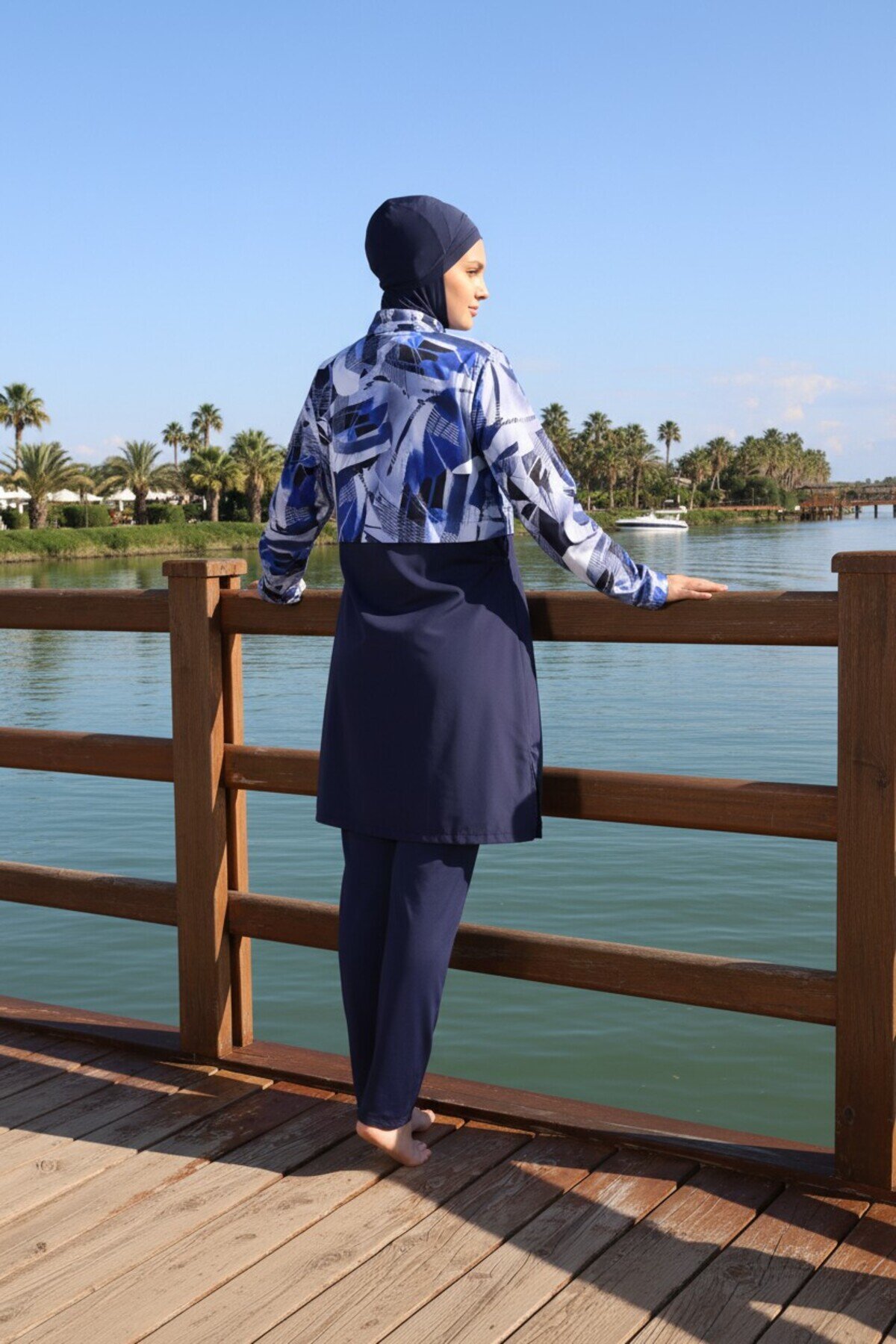 Lacivert Blue Motion Tam Kapalı Croplu Pantolonlu Mayo - ESTİVA