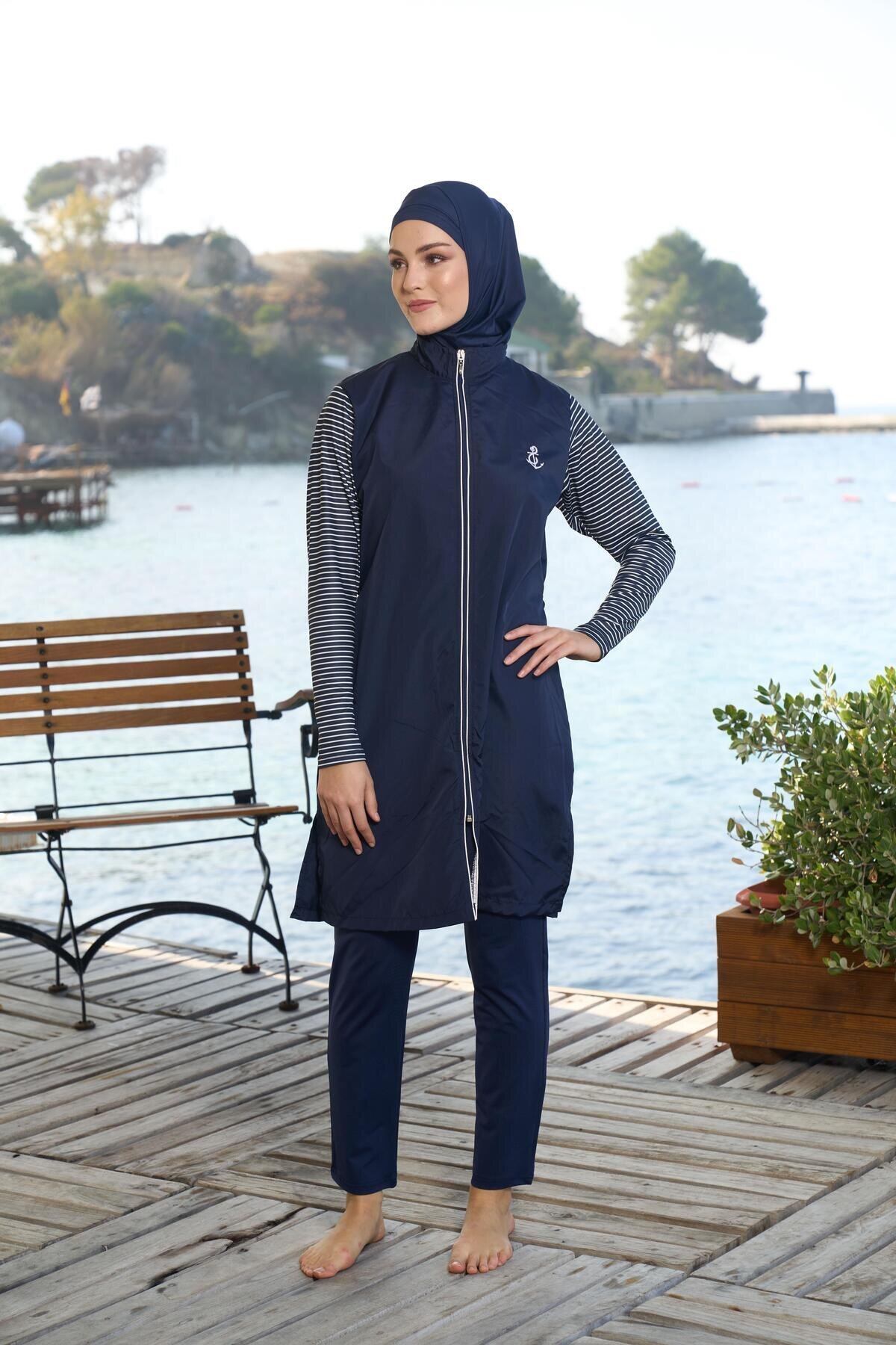 Lacivert Marin Desenli Tam Kapalı Fermuarlı Mayo - ESTİVA