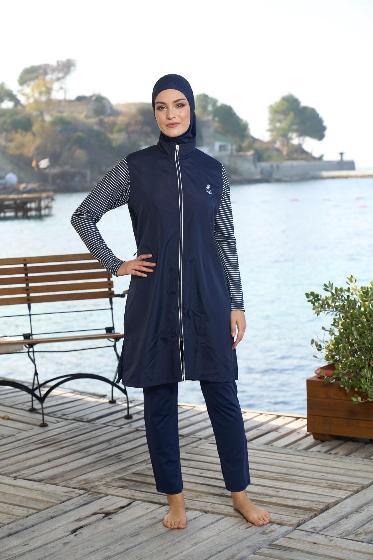 Lacivert Marin Desenli Tam Kapalı Fermuarlı Mayo - ESTİVA