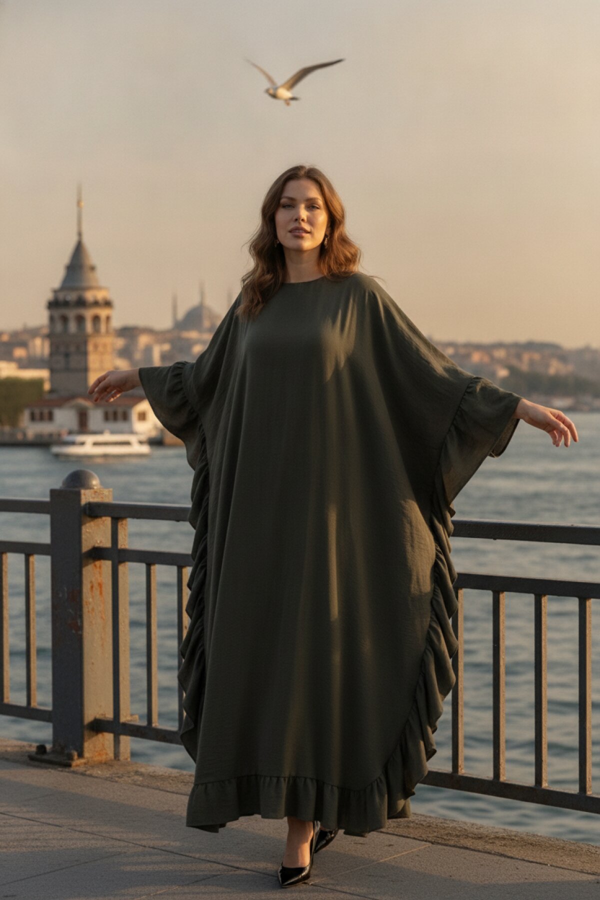 Wide-Fit Loose Ruffle-Detail Abaya - Khaki - Fzd Filizzade