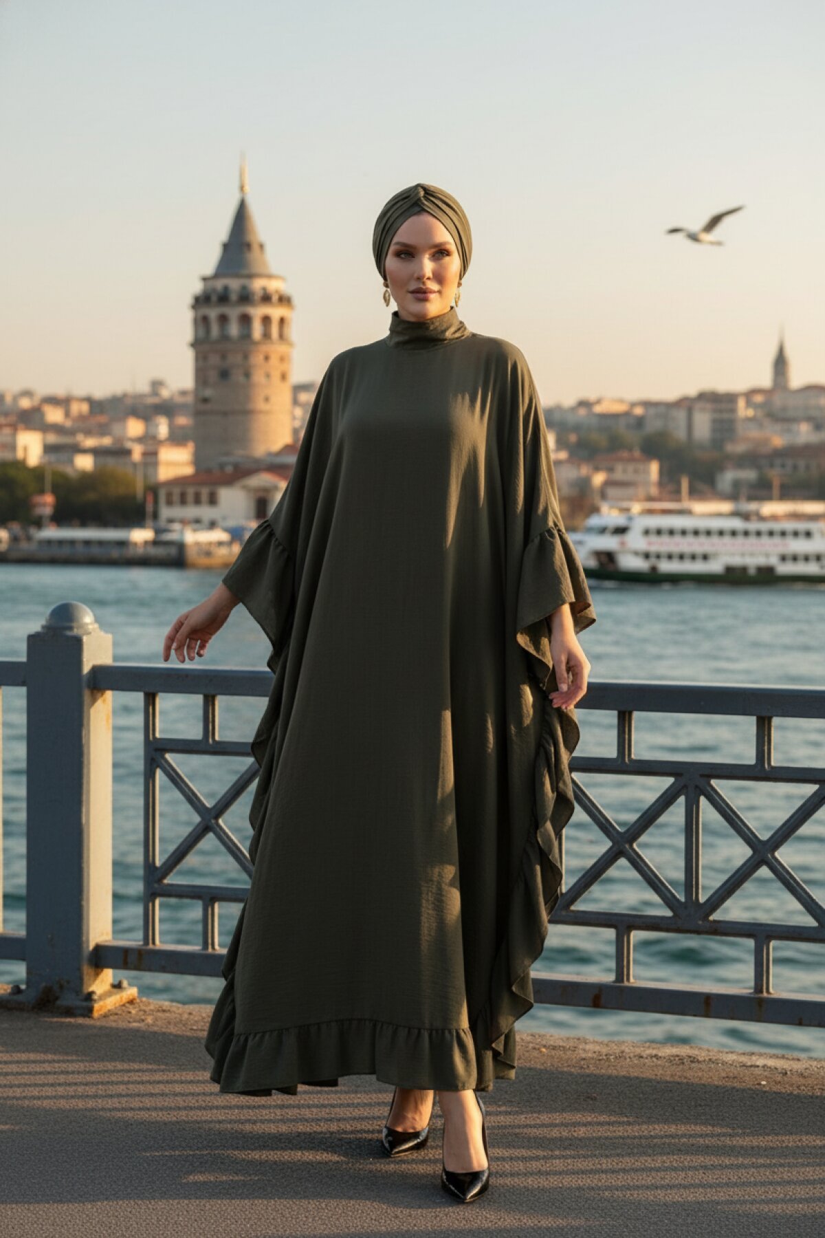 Wide-Fit Loose Ruffle-Detail Abaya - Khaki - Fzd Filizzade