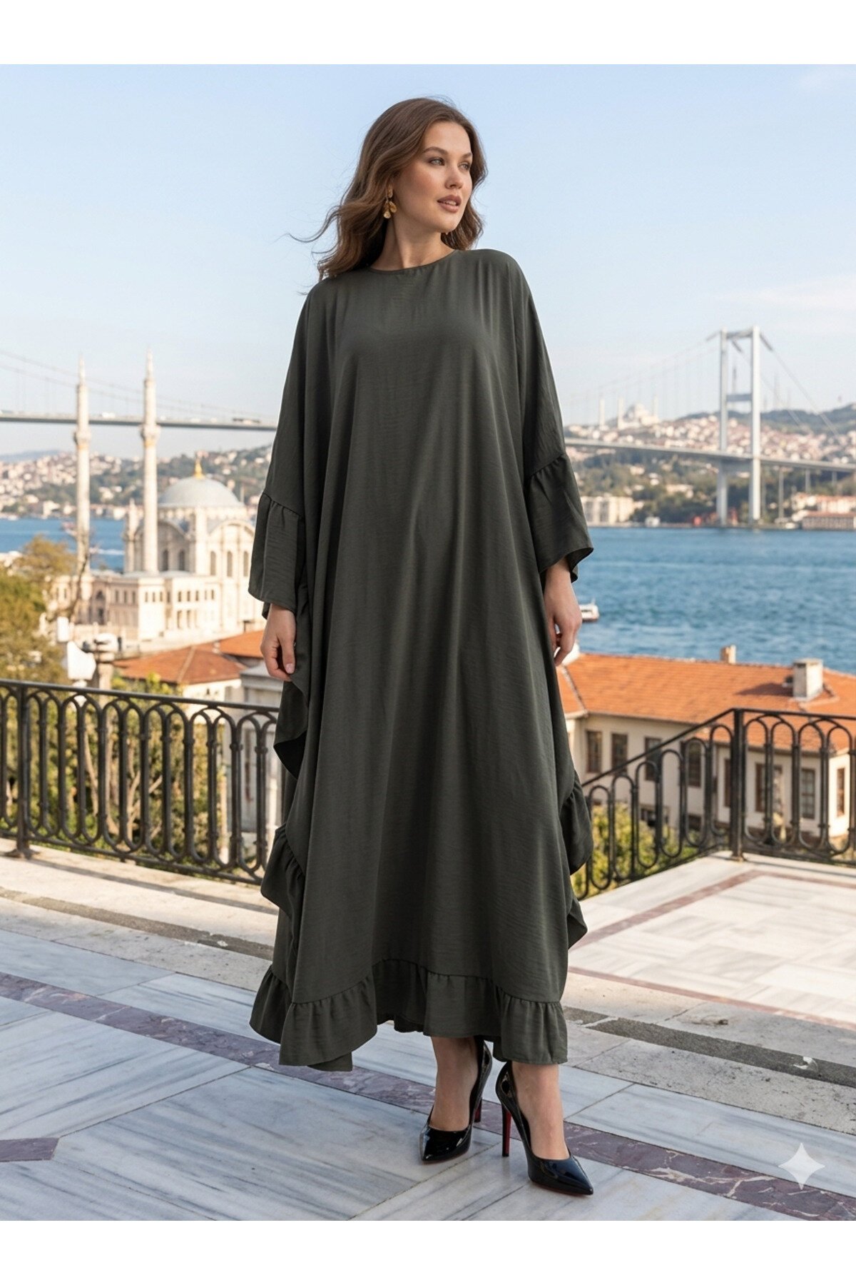 Wide-Fit Loose Ruffle-Detail Abaya - Khaki - Fzd Filizzade