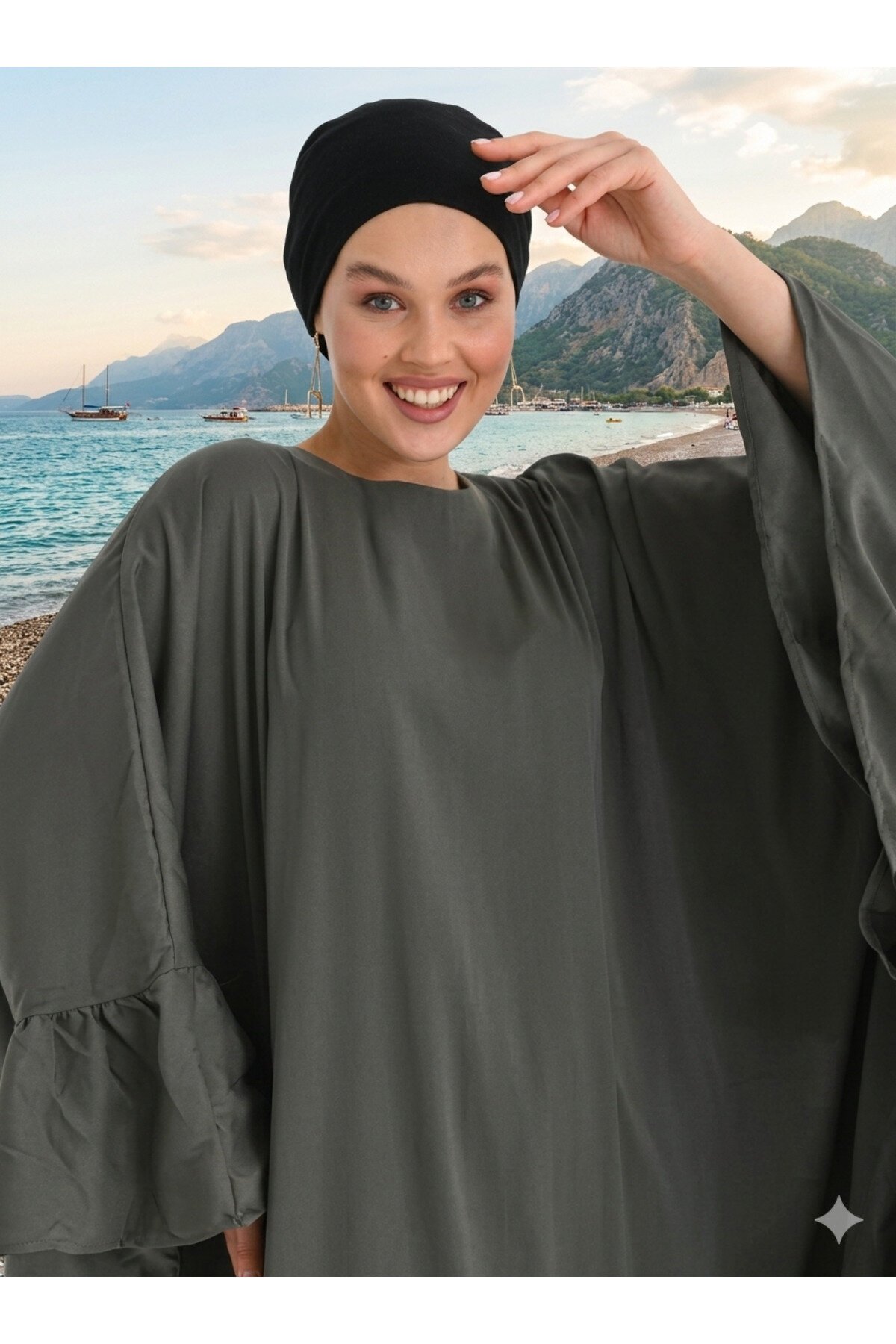 Wide-Fit Loose Ruffle-Detail Abaya - Khaki - Fzd Filizzade