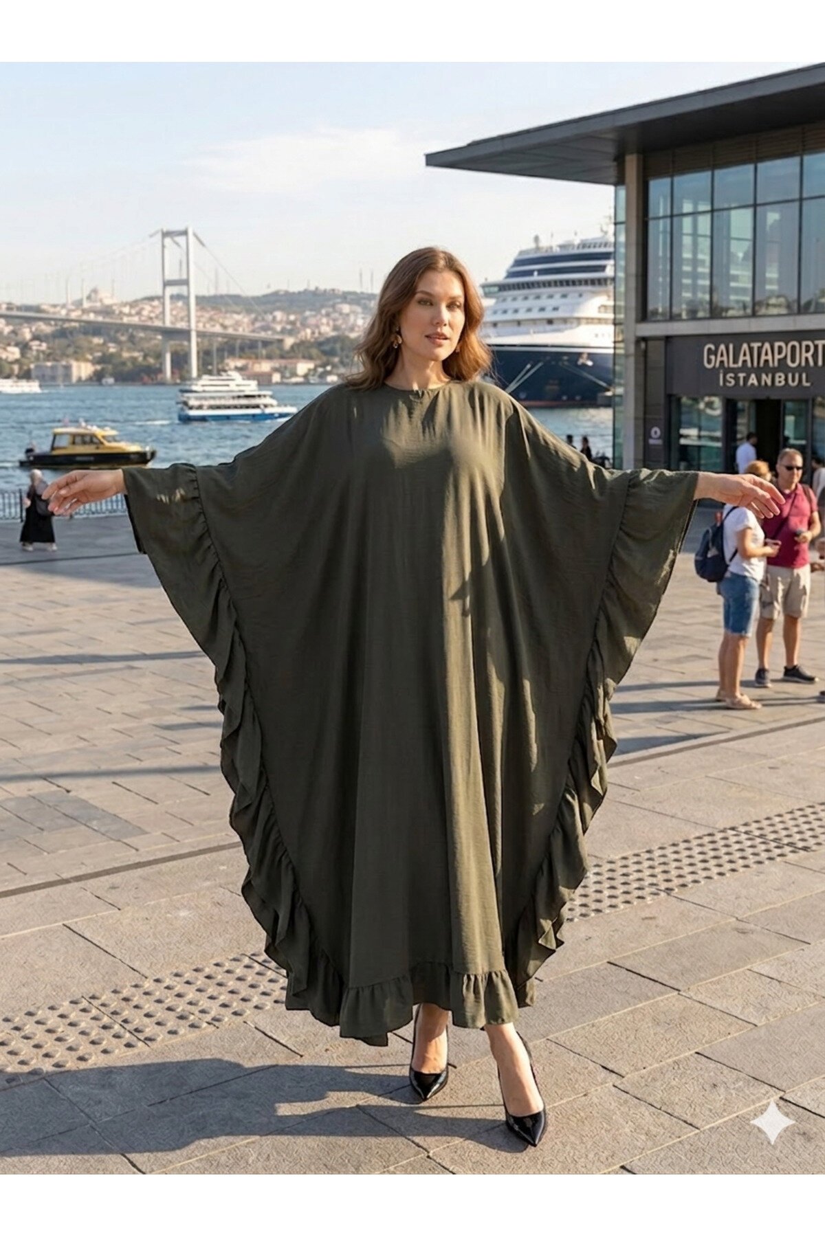 Wide-Fit Loose Ruffle-Detail Abaya - Khaki - Fzd Filizzade