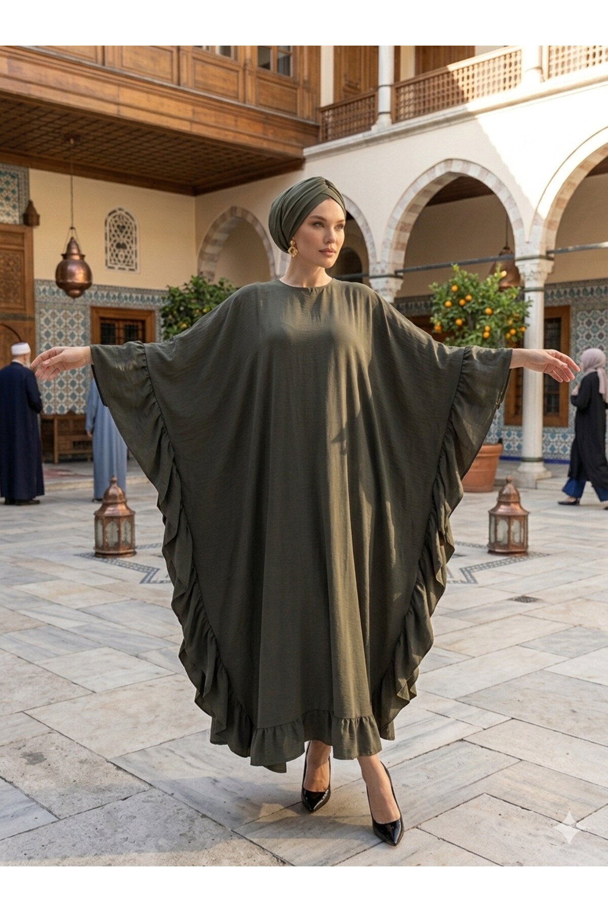 Wide-Fit Loose Ruffle-Detail Abaya - Khaki - Fzd Filizzade