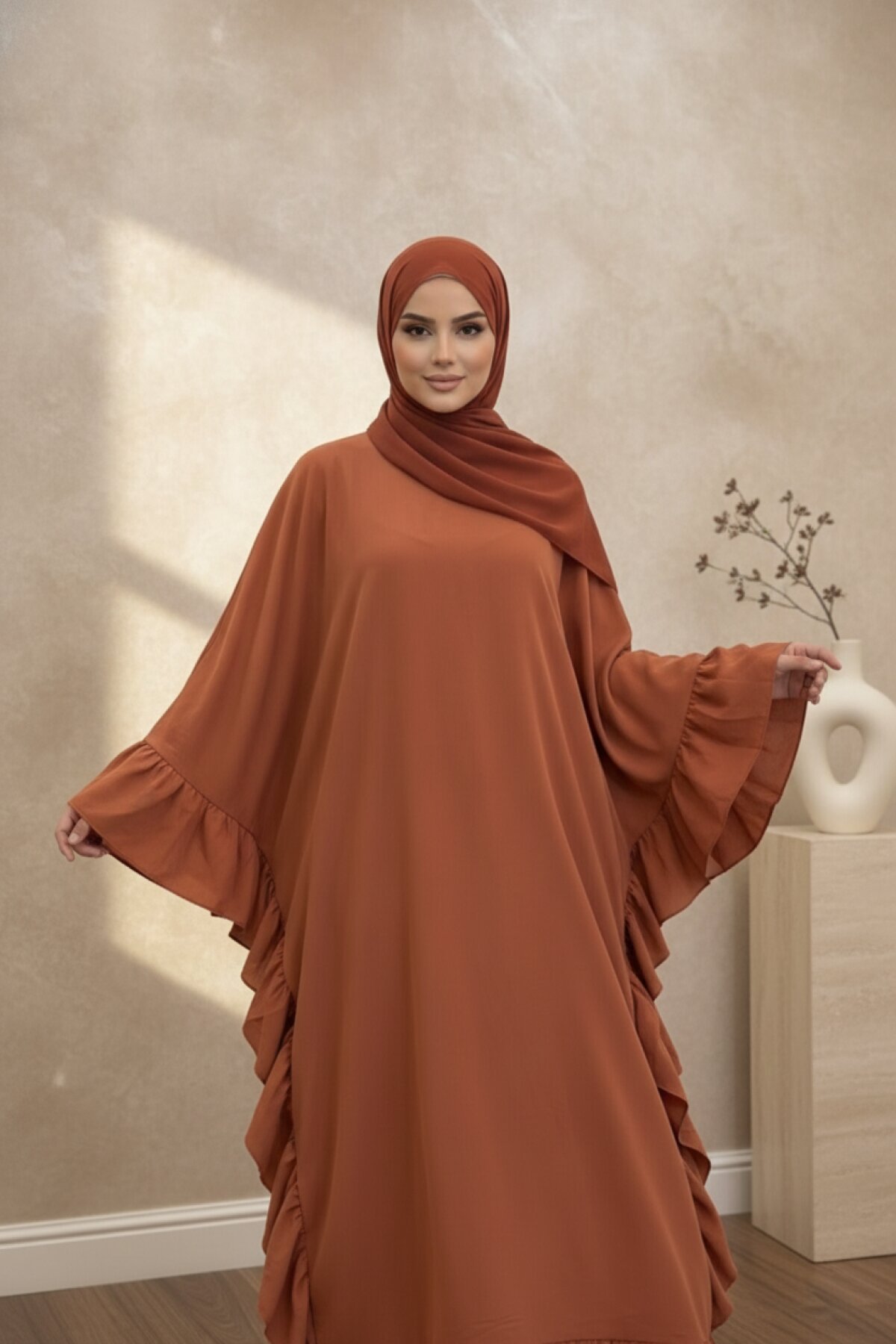 Wide-Cut Loose Side-Ruffle Abaya - Tobacco - Fzd Filizzade