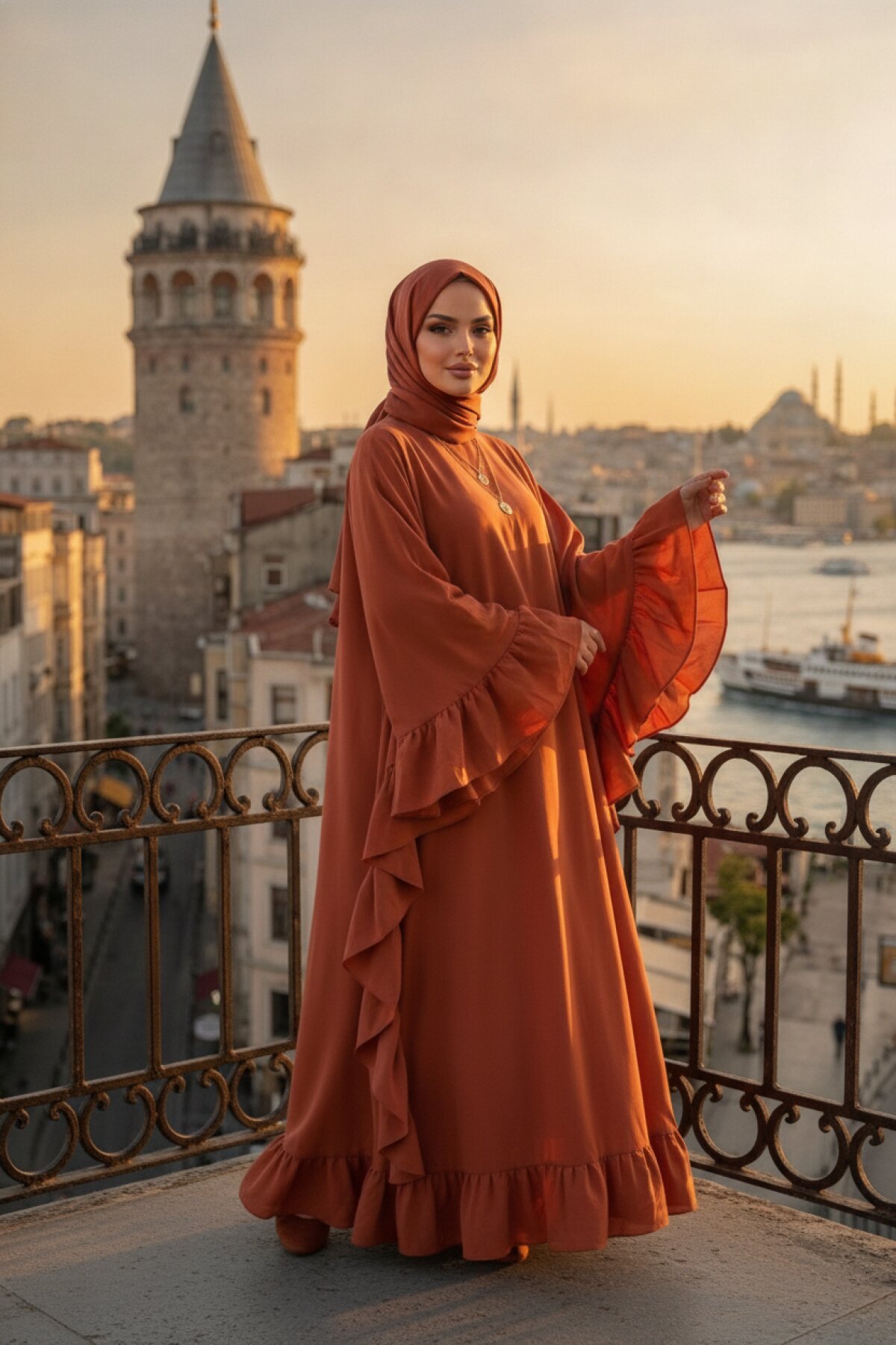 Wide-Cut Loose Side-Ruffle Abaya - Tobacco - Fzd Filizzade