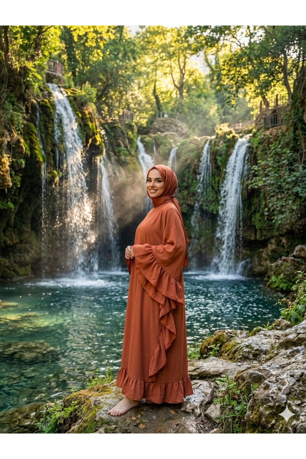 Wide-Cut Loose Side-Ruffle Abaya - Tobacco - Fzd Filizzade