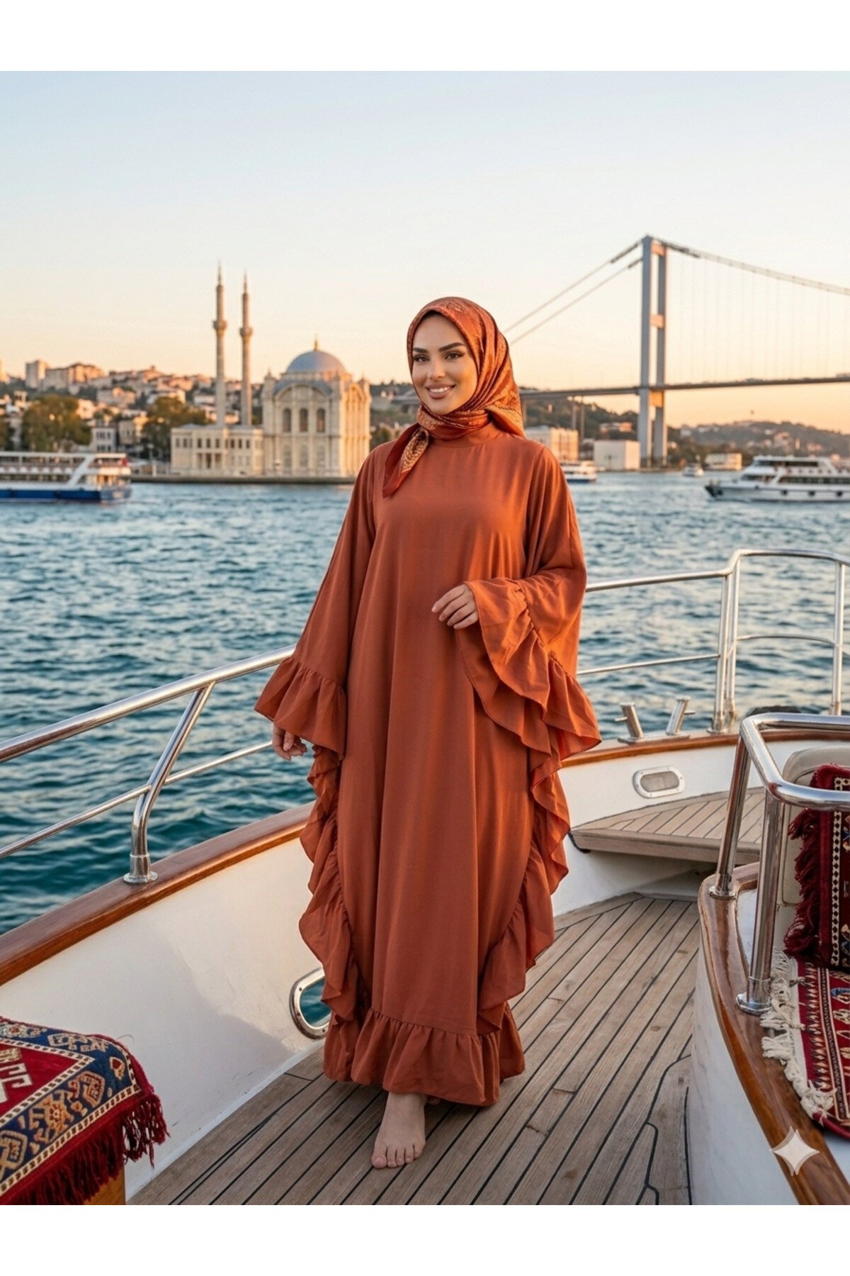 Wide-Cut Loose Side-Ruffle Abaya - Tobacco - Fzd Filizzade