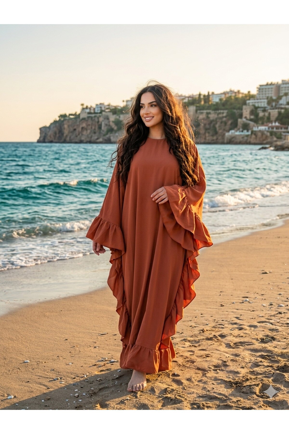 Wide-Cut Loose Side-Ruffle Abaya - Tobacco - Fzd Filizzade