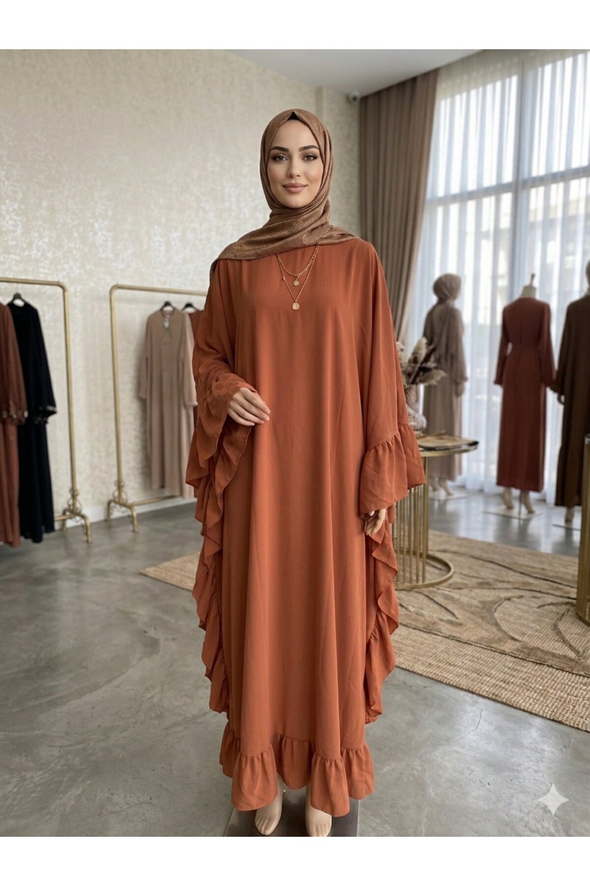 Wide-Cut Loose Side-Ruffle Abaya - Tobacco - Fzd Filizzade