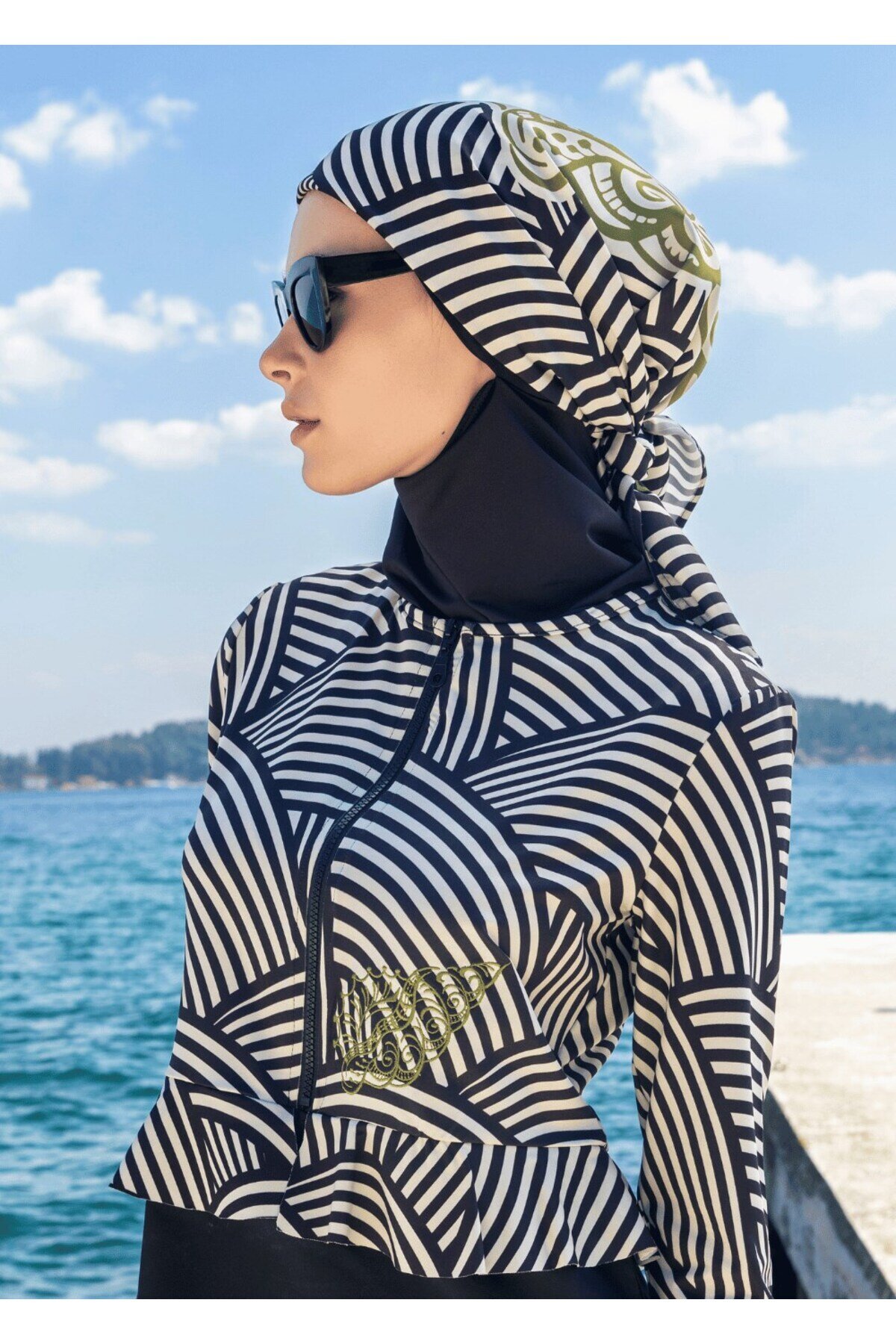 Siyah Deniz Kabuğu Desenli Bandana Eşarp Bone - Mayovera