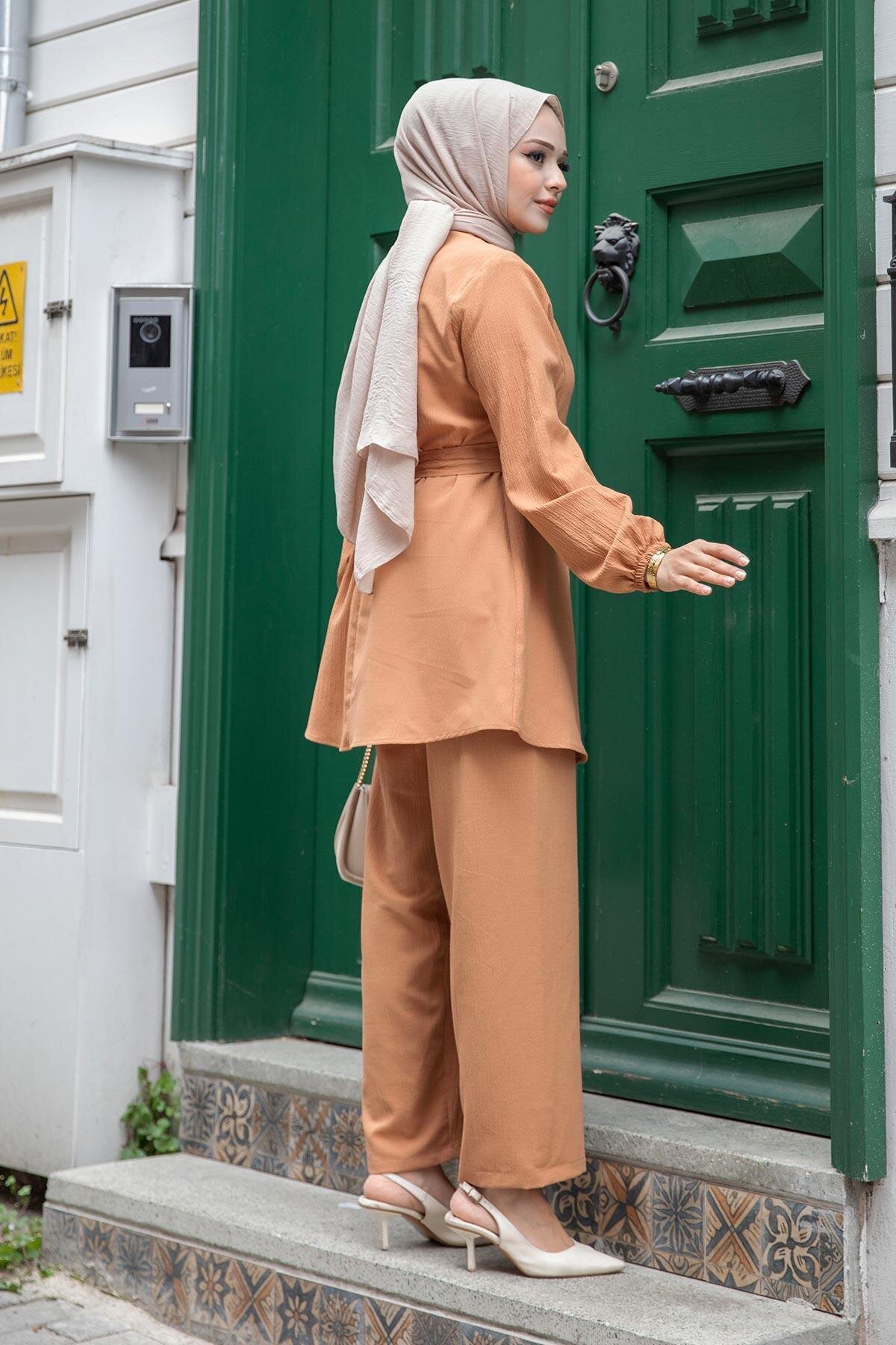 Stitch-Detail Modest Co-ord Set - Camel - Misskayle