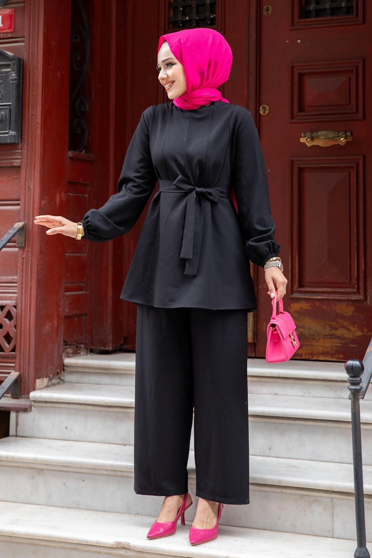 Double Stitch Detail Modest Set - Black - Misskayle
