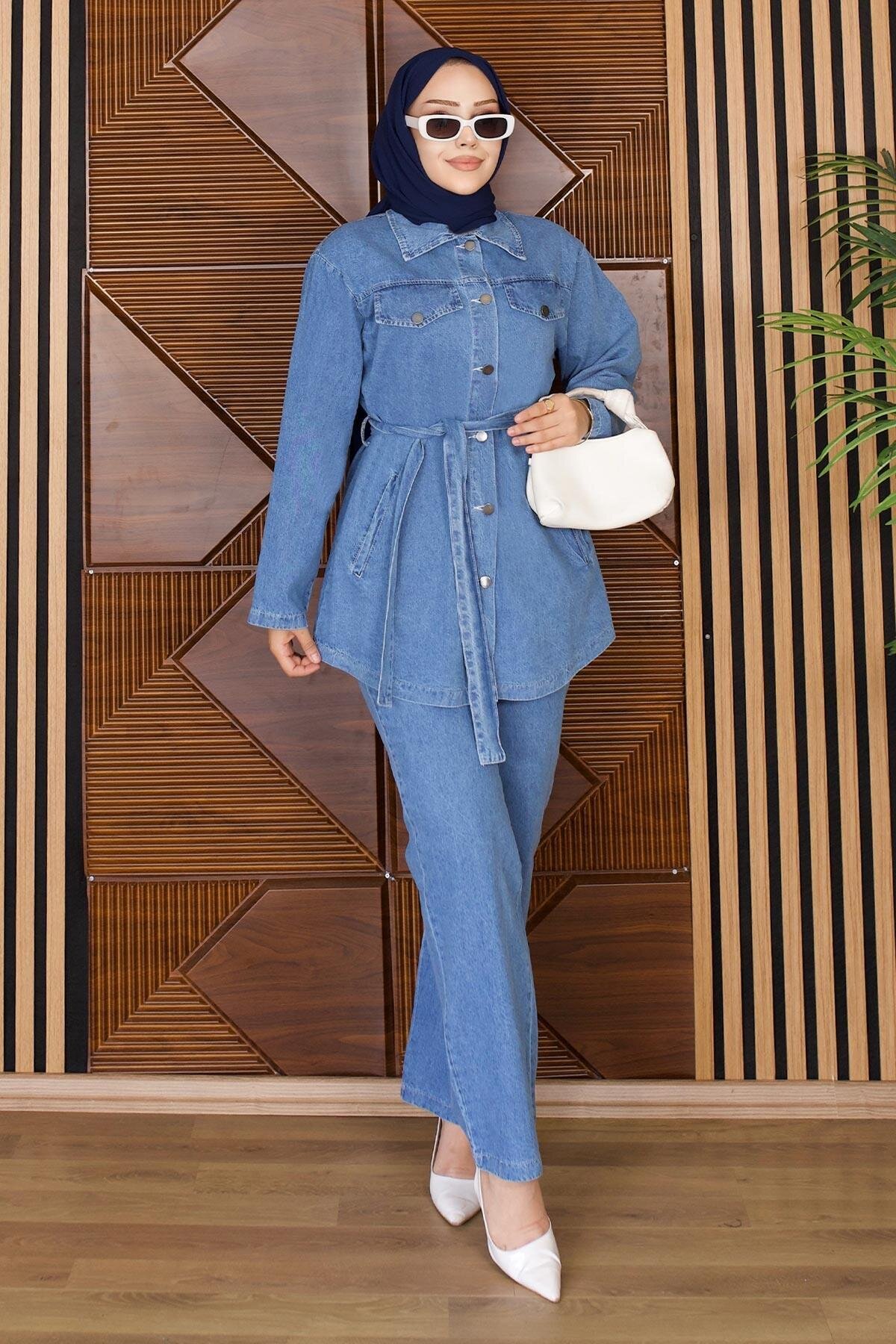 Açık Mavi Luna Denim İkili Tesettür Takım - Modamihram