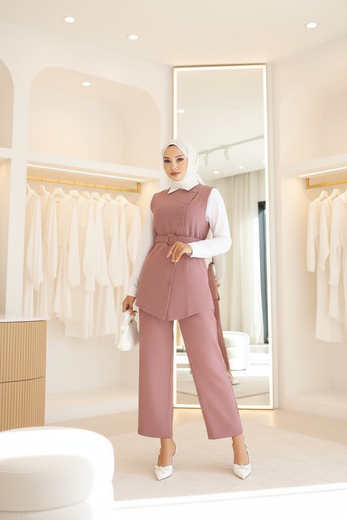 Belted Vest and Trousers Modest Set - Dusty Rose - Modamihram