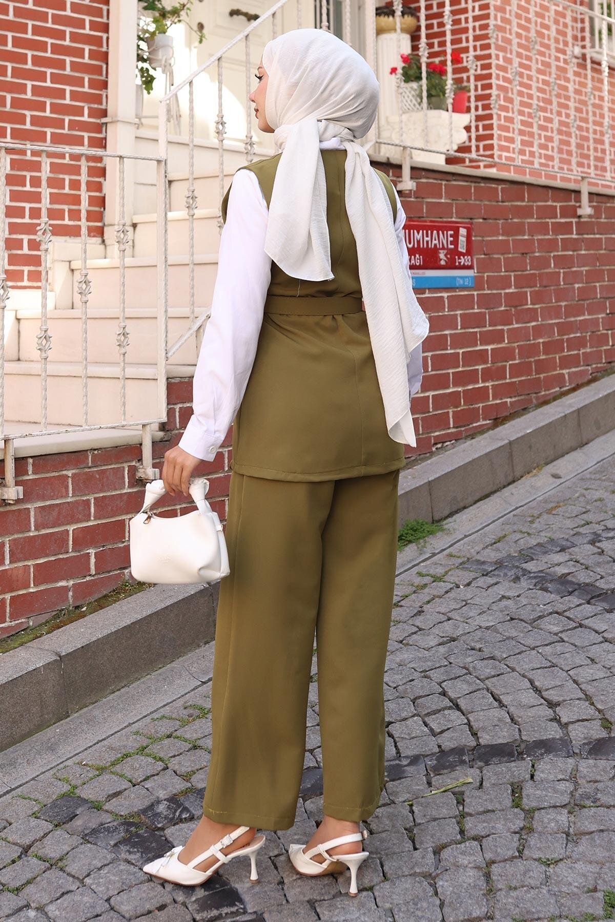 Belted Modest Vest and Trousers Set - Khaki - Modamihram