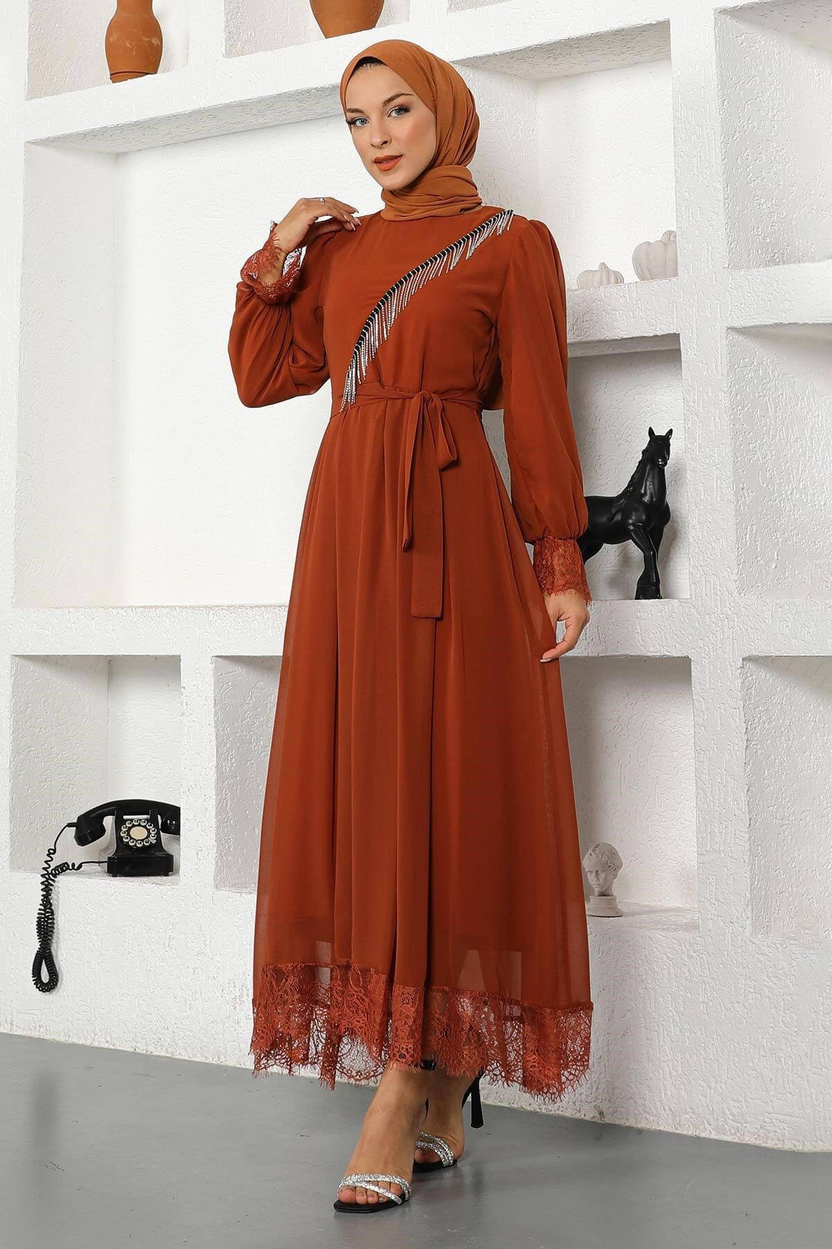 Stone-Detailed Chiffon Evening Dress - Tile Red - Modamihram