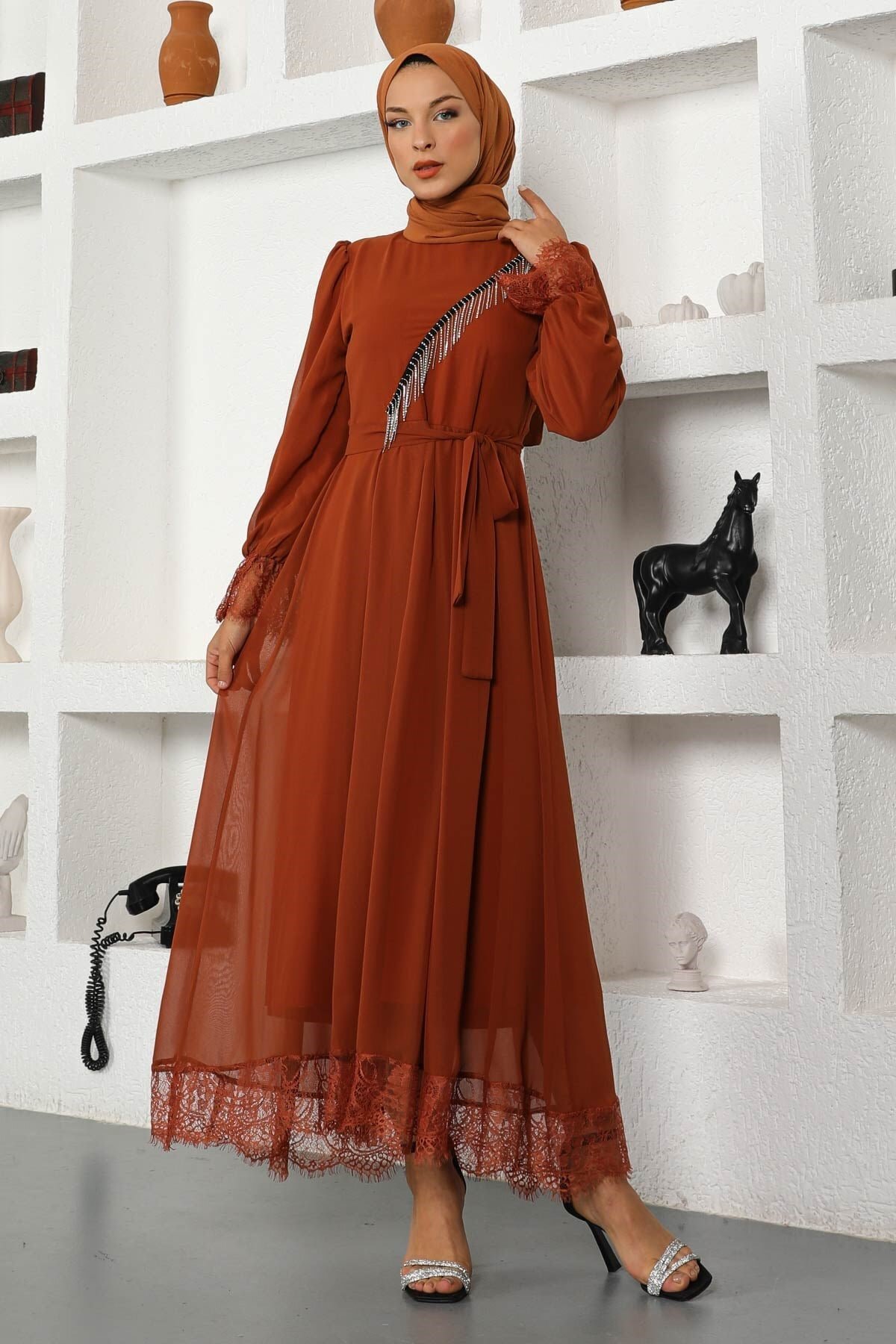 Stone-Detailed Chiffon Evening Dress - Tile Red - Modamihram