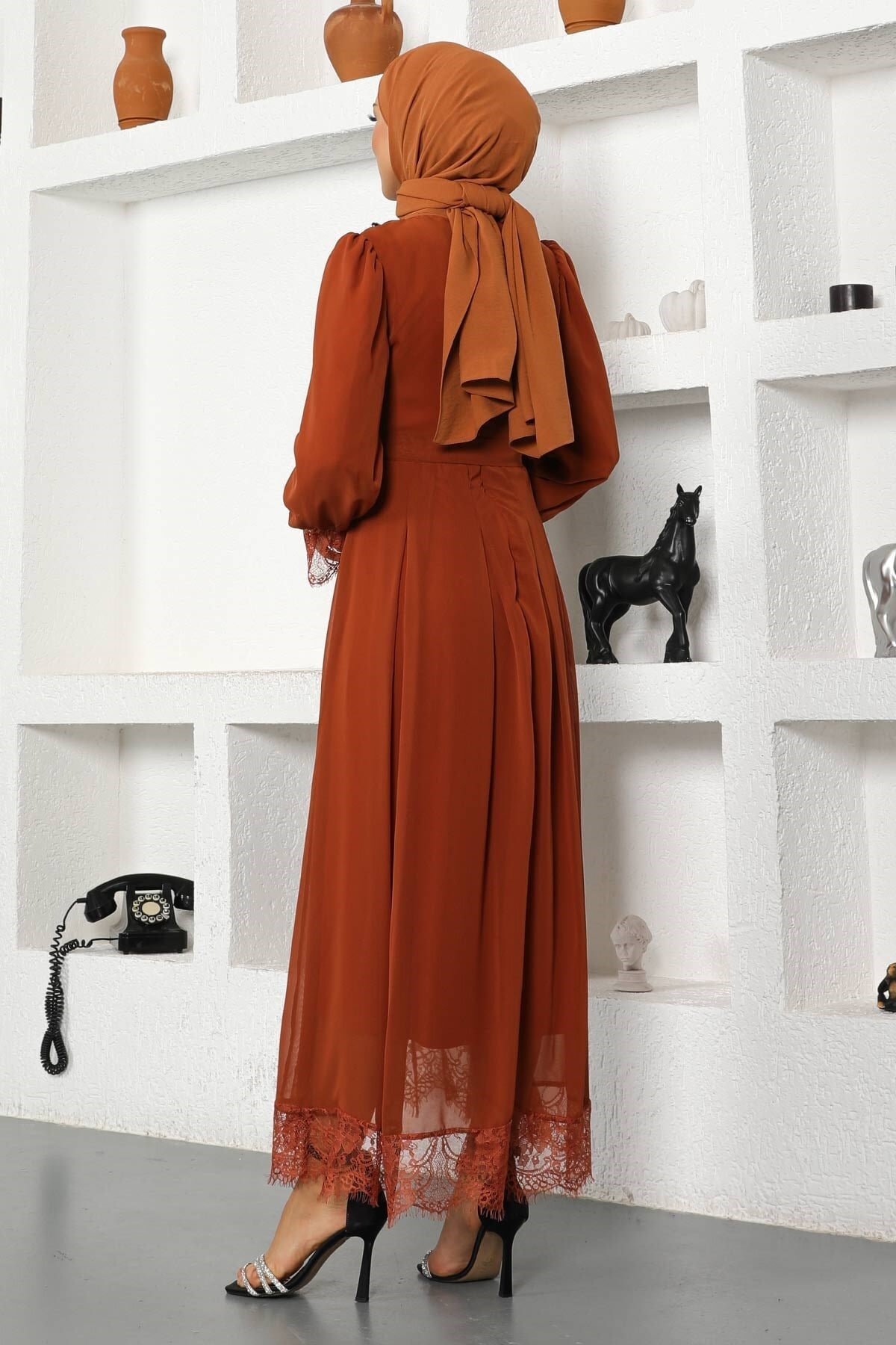 Stone-Detailed Chiffon Evening Dress - Tile Red - Modamihram