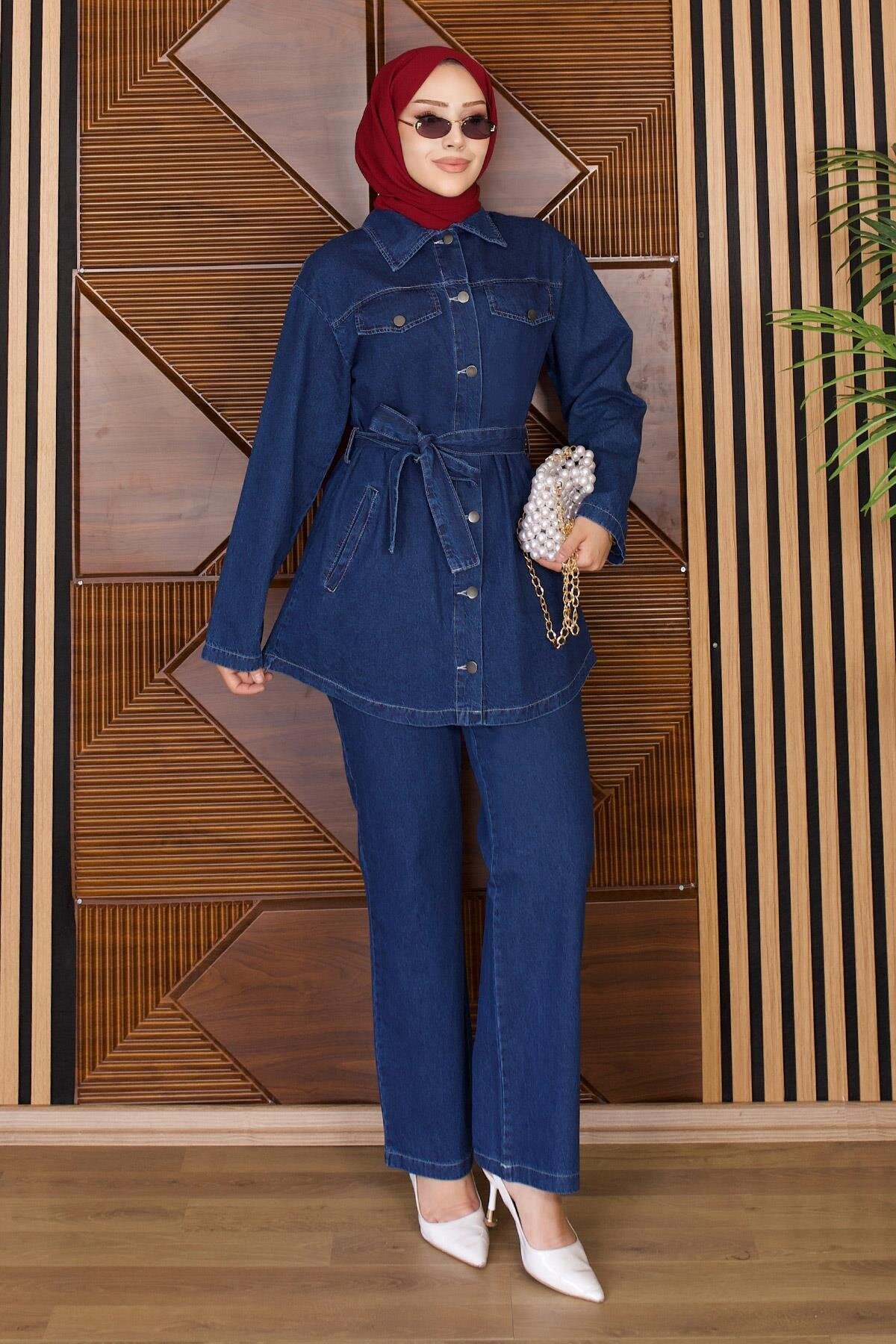Koyu Mavi Luna Denim İkili Tesettür Takım - Modamihram