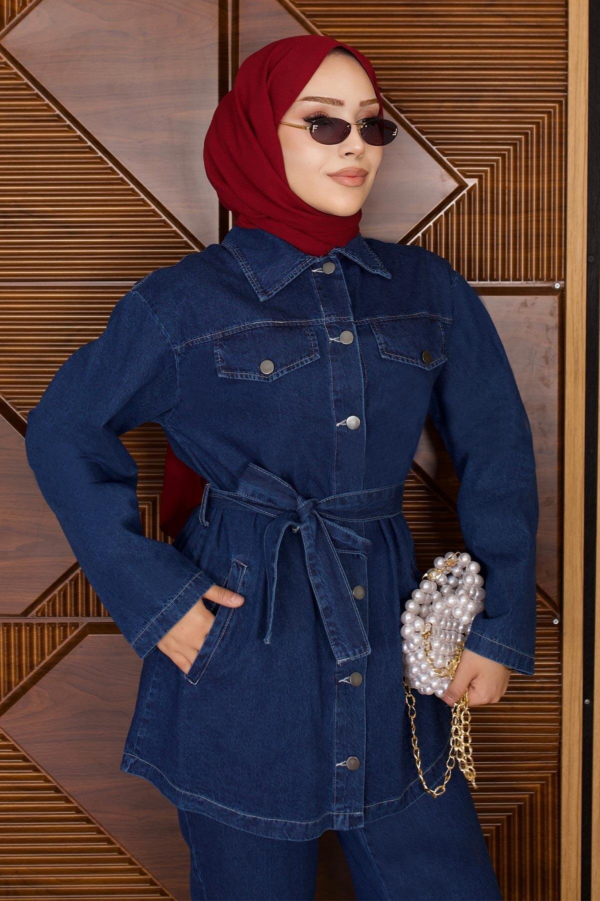 Koyu Mavi Luna Denim İkili Tesettür Takım - Modamihram