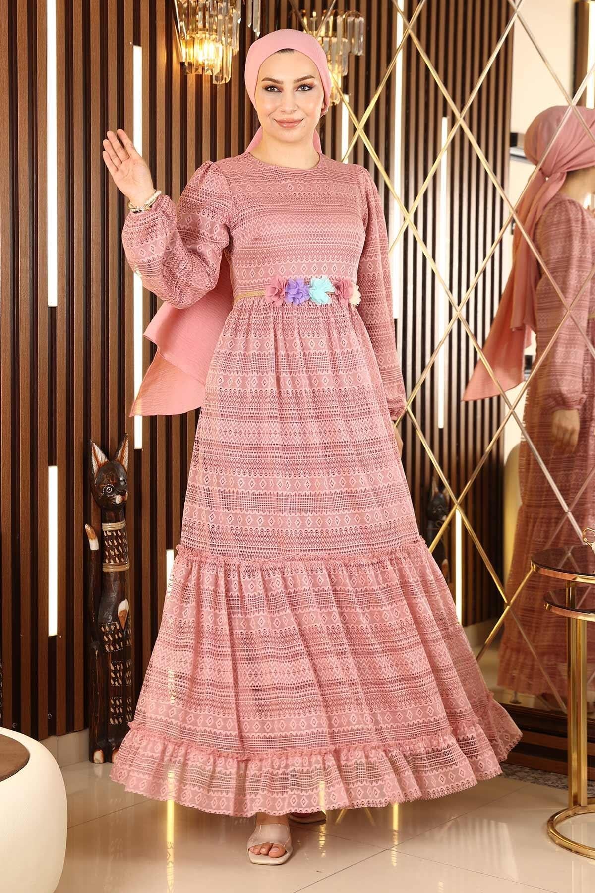 Pembe Çiçekli Dantelli Kemeri Çiçekli Elbise - Modamihram