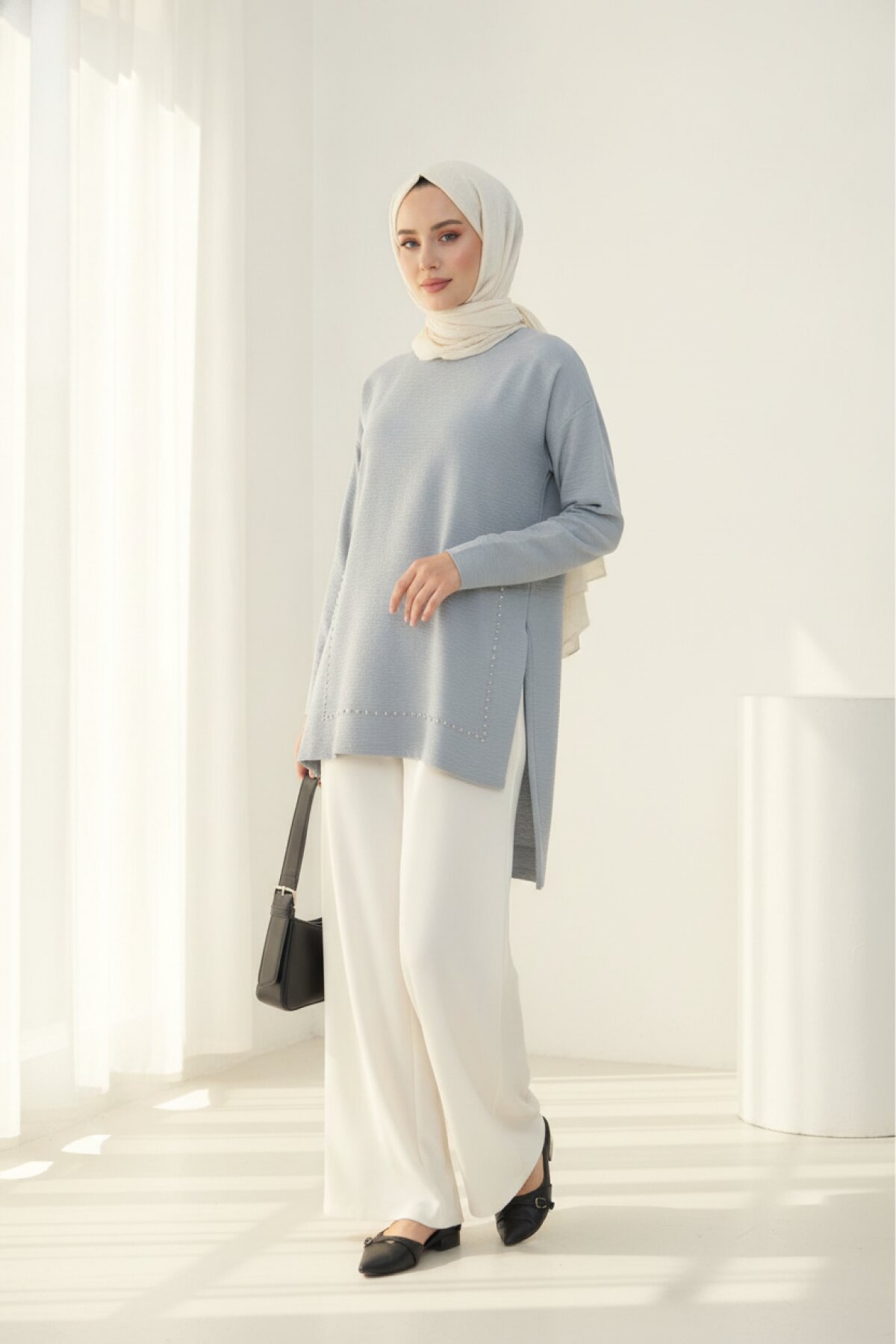 Long-Sleeve Pearl-Embellished Bamboo Linen Tunic - Gray - Pasaklı Giyim