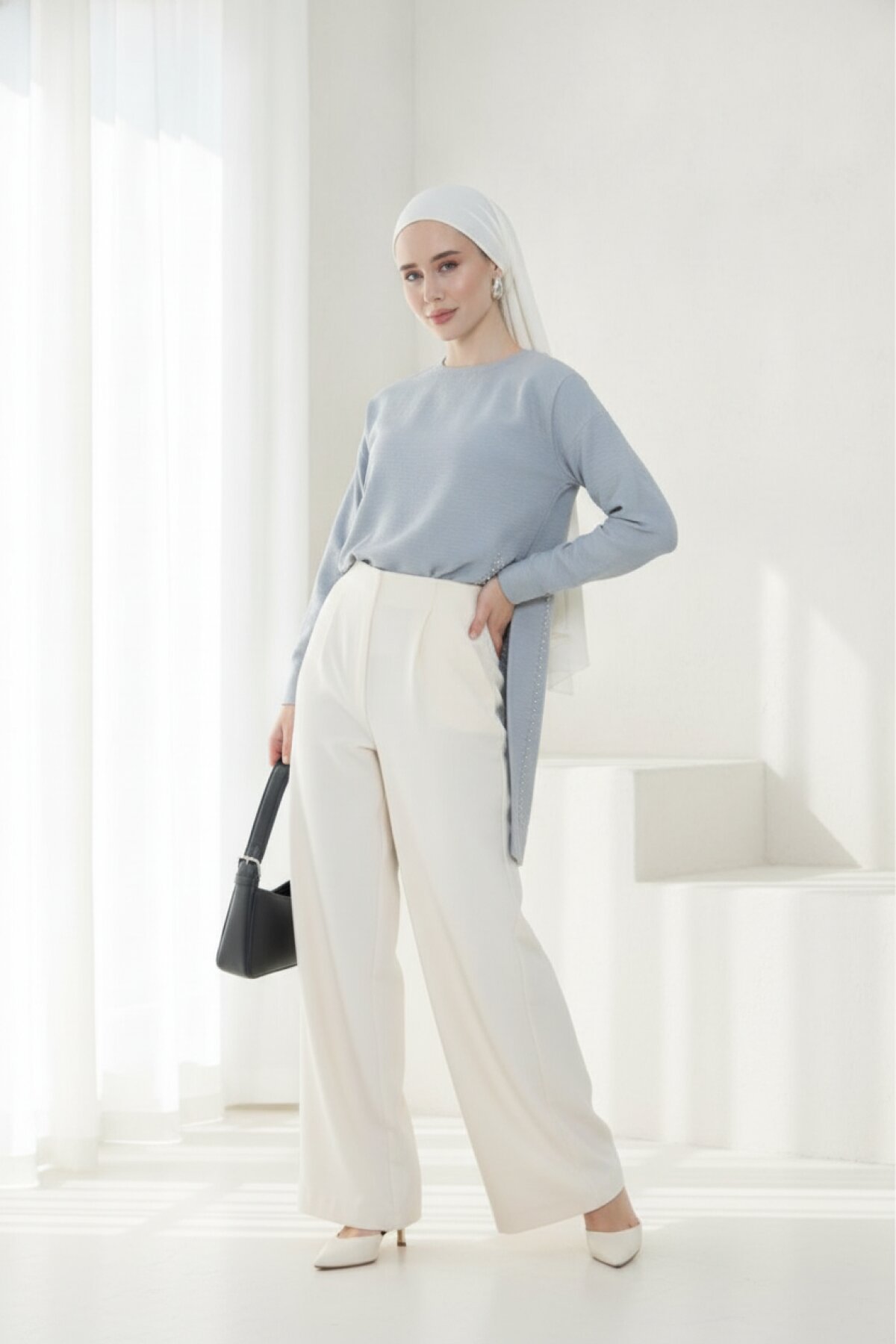Long-Sleeve Pearl-Embellished Bamboo Linen Tunic - Gray - Pasaklı Giyim