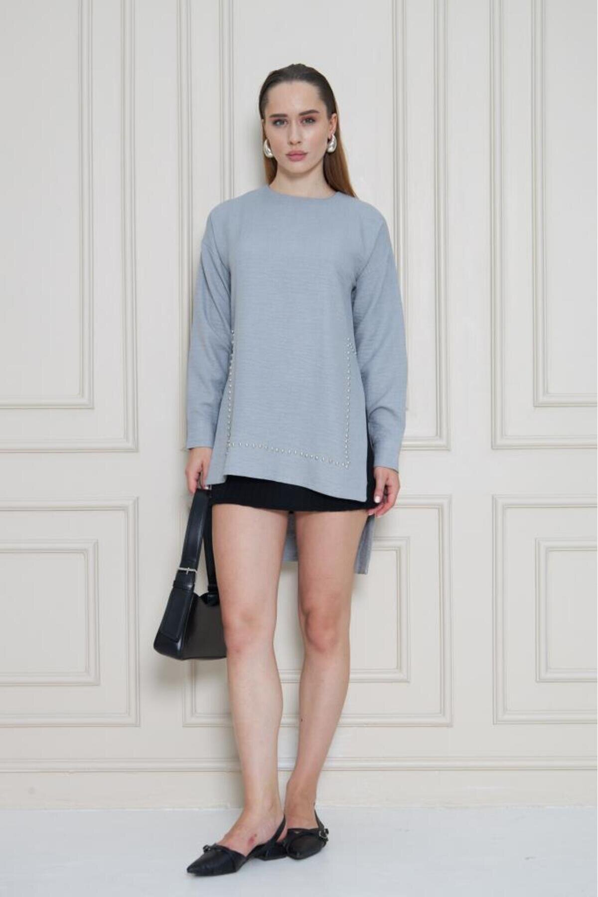 Long-Sleeve Pearl-Embellished Bamboo Linen Tunic - Gray - Pasaklı Giyim